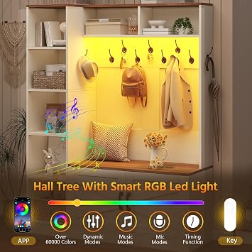 TVU Hall Tree with Bench & Shoe Storage, Farmhouse Entryway Bench with Coat Racks & Led Lights, Entryway Solution with 7 Storage Cubbies, 10 Double Hooks, Adjustable Shelf & Barn door