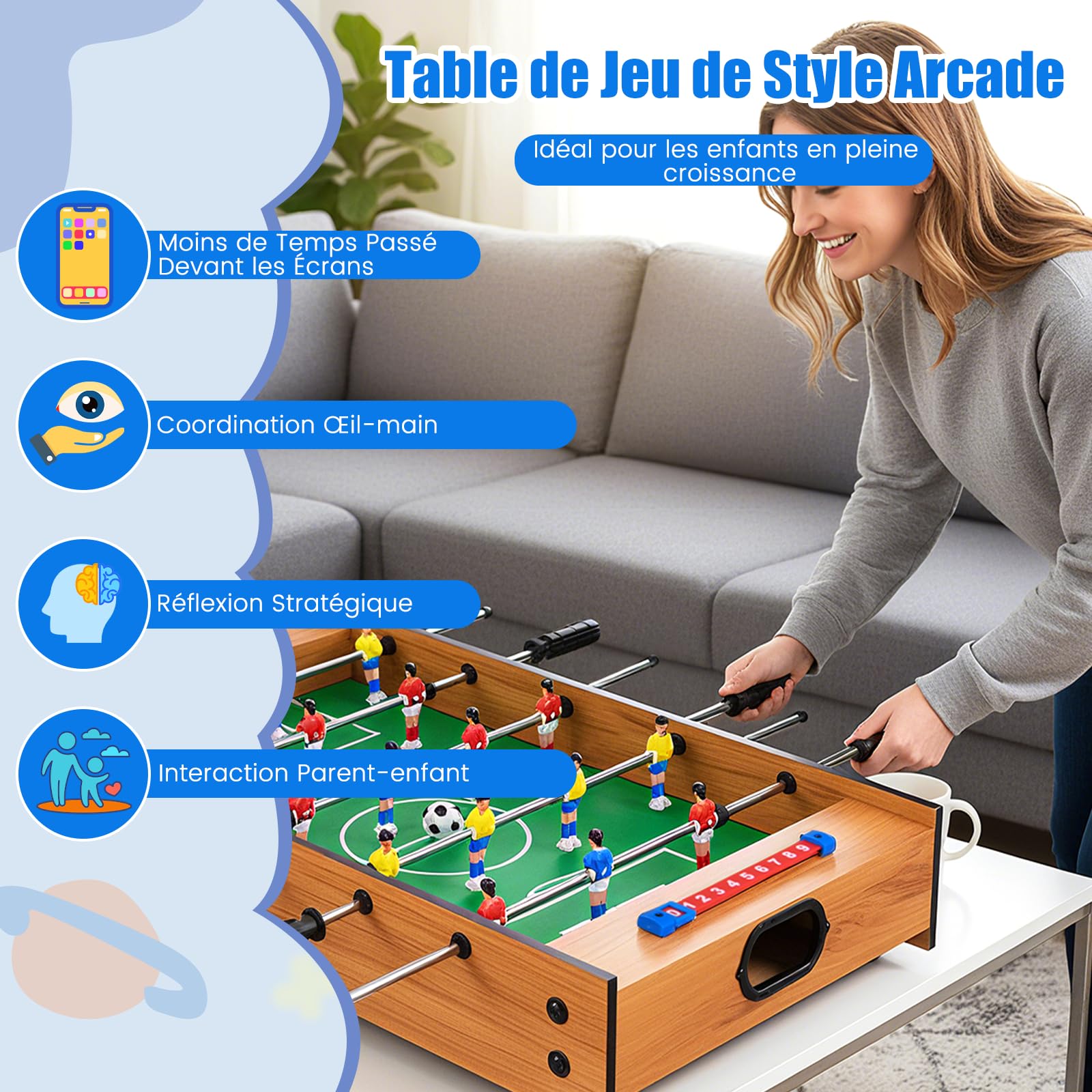 COSTWAY 2 en 1 Baby-Foot en Bois avec Air Hockey & 18 Joueurs, Table de Jeu avec Poignée Antidérapante & 2 Ballons & 2 Palets & 2 Poussoirs, Jouet d'Arcade pour Fête Bar Salle de Jeux