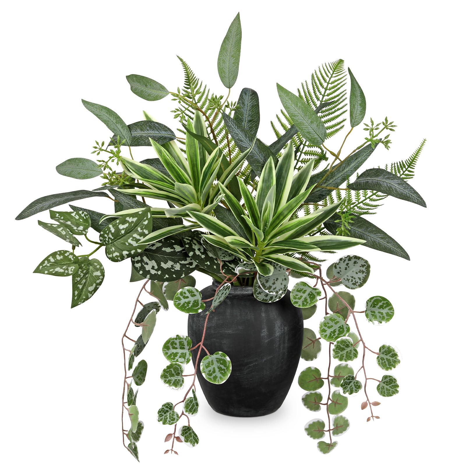 Oairse Artificial Greenery Arrangement with Cement Vase, Fake Potted Plants in Rustic Jug Planter, Faux Leaf Bouquet for Table Centerpiece, Farmhouse Home Office Decor, Living Room, Shelf Decoration