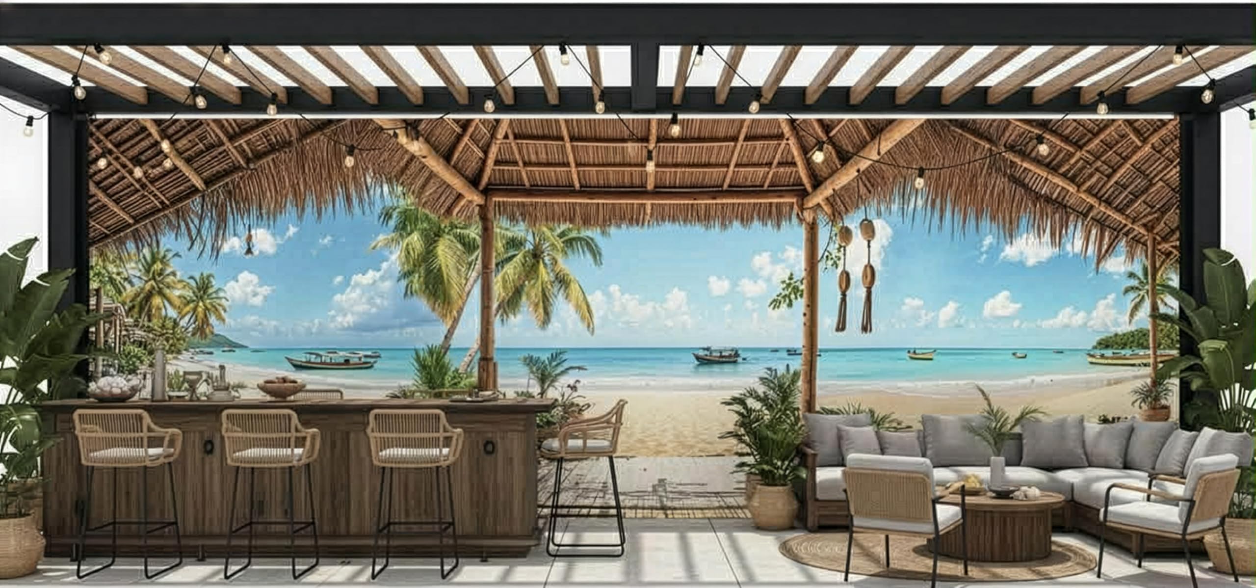 Sabrikas Let Your Creative Spirit Run Free Turquoise/White Spice Coast Panoramic Beach Mural Curtain – Tropical Island View Wall Art, Outdoor Fence Panel, Decorative Tapestry, Coastal Home Decor, Beach Hut Design, Ocean Backdrop, Panoramic Landscape Art