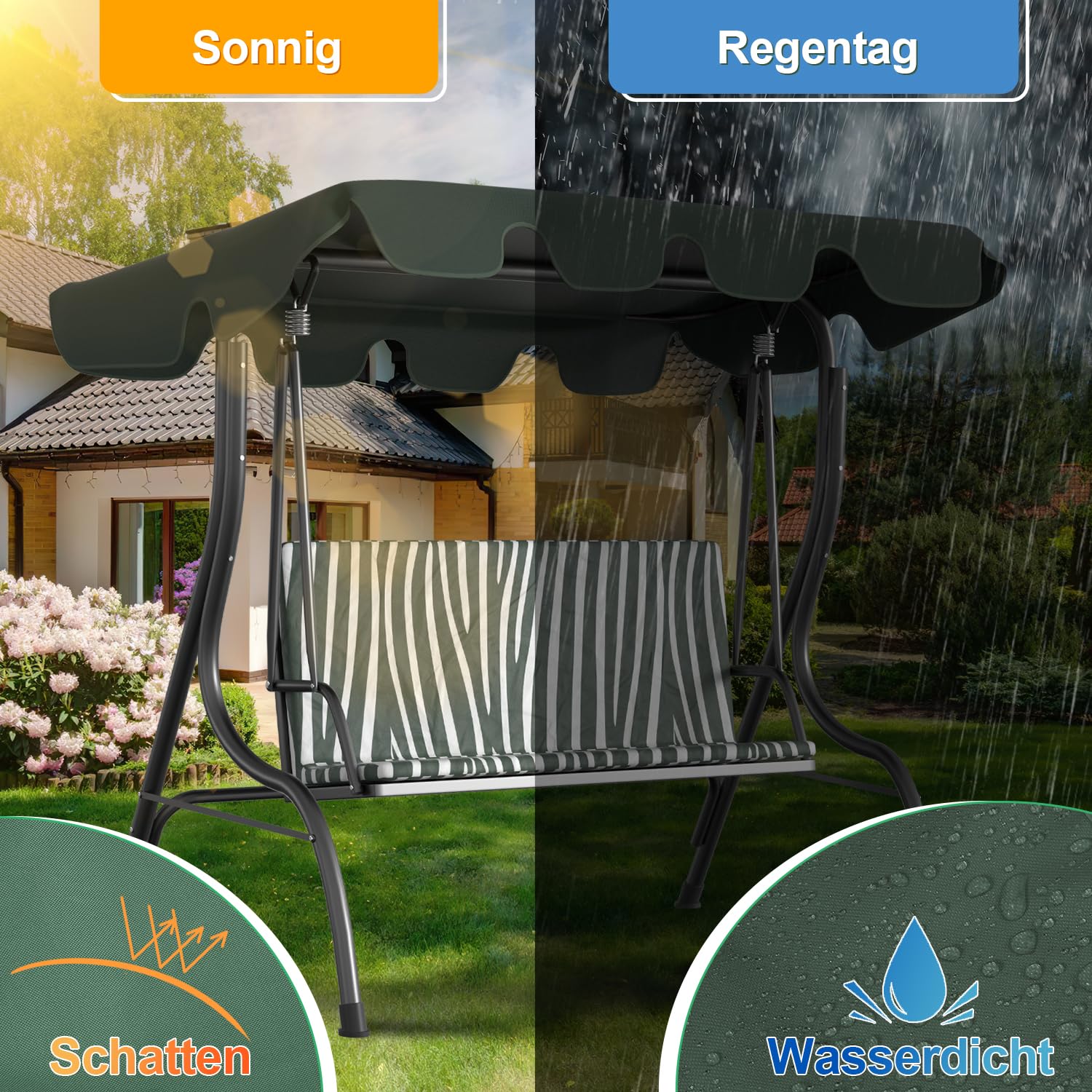 Tetto Di Ricambio Per Dondolo Da Giardino Hollywood - Verde, Impermeabile, 210x145 Cm, Tessuto Oxford 600D - Foto 6