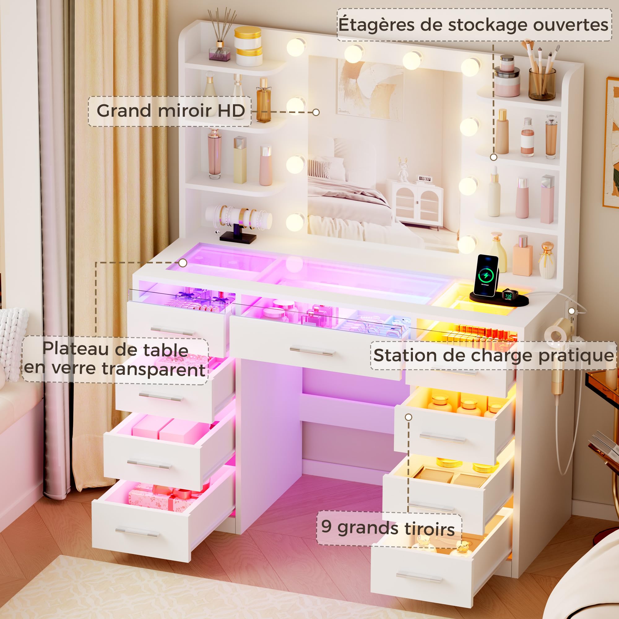 Grande Coiffeuse avec Miroir LED et Éclairage RGB,Plateau en Verre