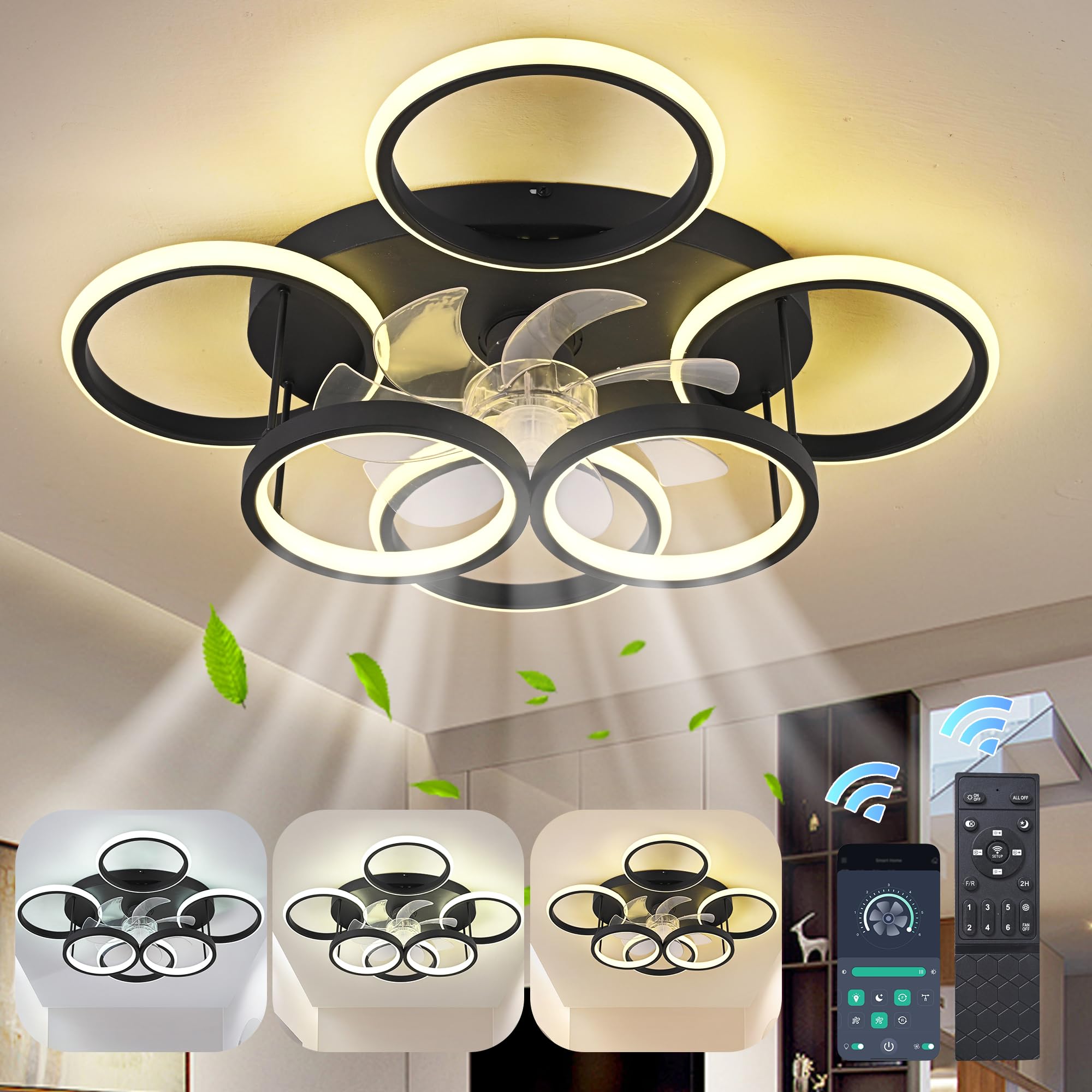 Qcyuui Modern LED Dimmable Bladeless Ceiling Fans with Lights, 66W Black 6-Rings 63cm Reversible 6-Speed Ceiling Fan Lamp Flush Mount Lighting Fixture with Remote for Living Room, Dining Room, Office