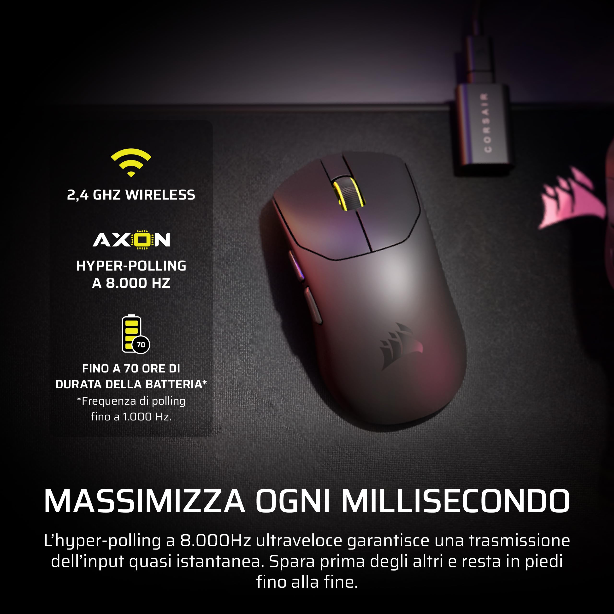 Corsair SABRE v2 PRO Ultraleggero Wireless FPS Mouse Gaming - 33.000 DPI, 36g di Peso, 8.000Hz Hyper-Polling, Interruttori Meccanici, Fino a 70 Ore di Durata della Batteria Wireless - Bianco