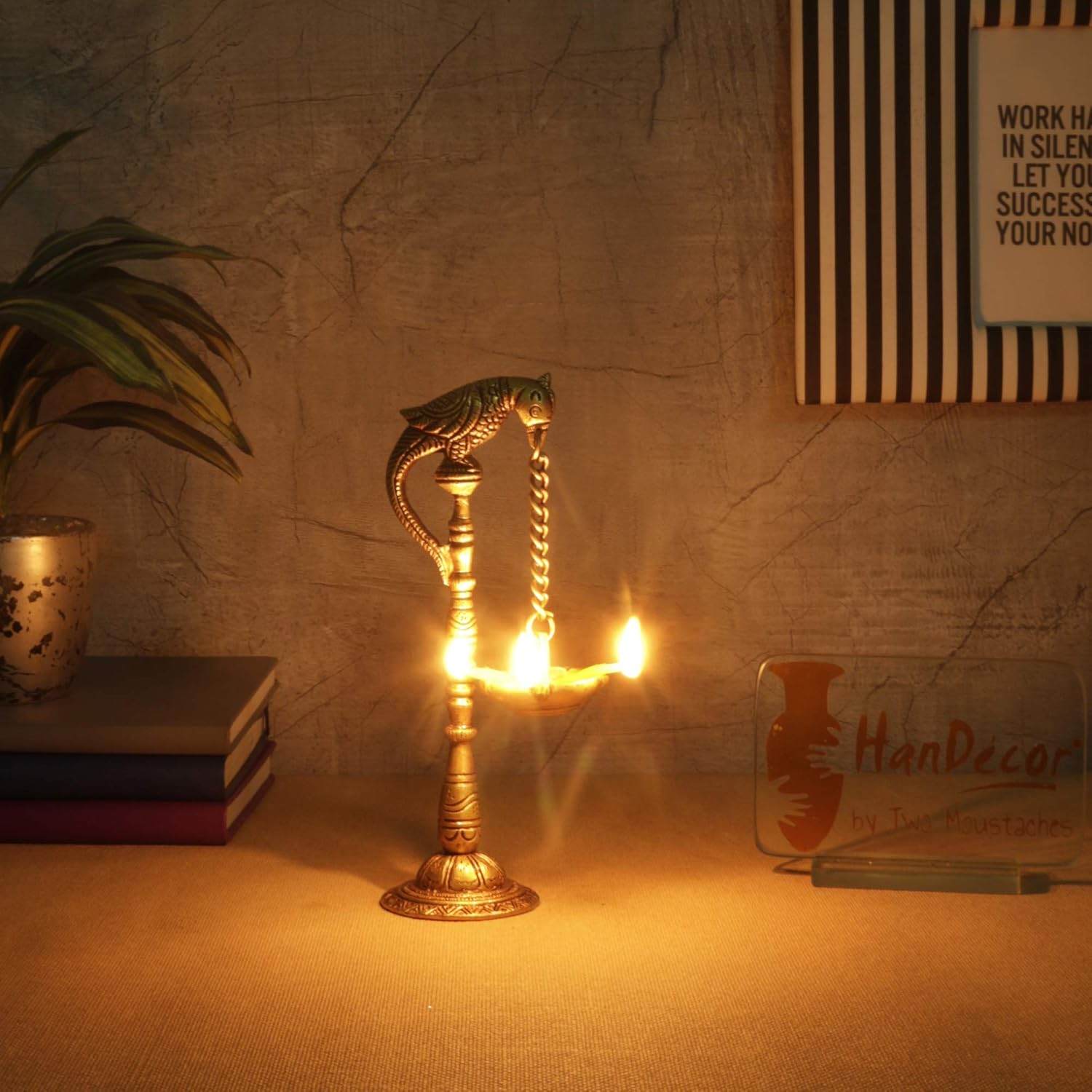 Two Moustaches Parrot Design 7.5 Inches Brass Hanging Diya Pair (Pack of 2), Brass Diyas for Pooja , Diwali Decoration , Housewarming Gifts , Antique Yellow, Standard