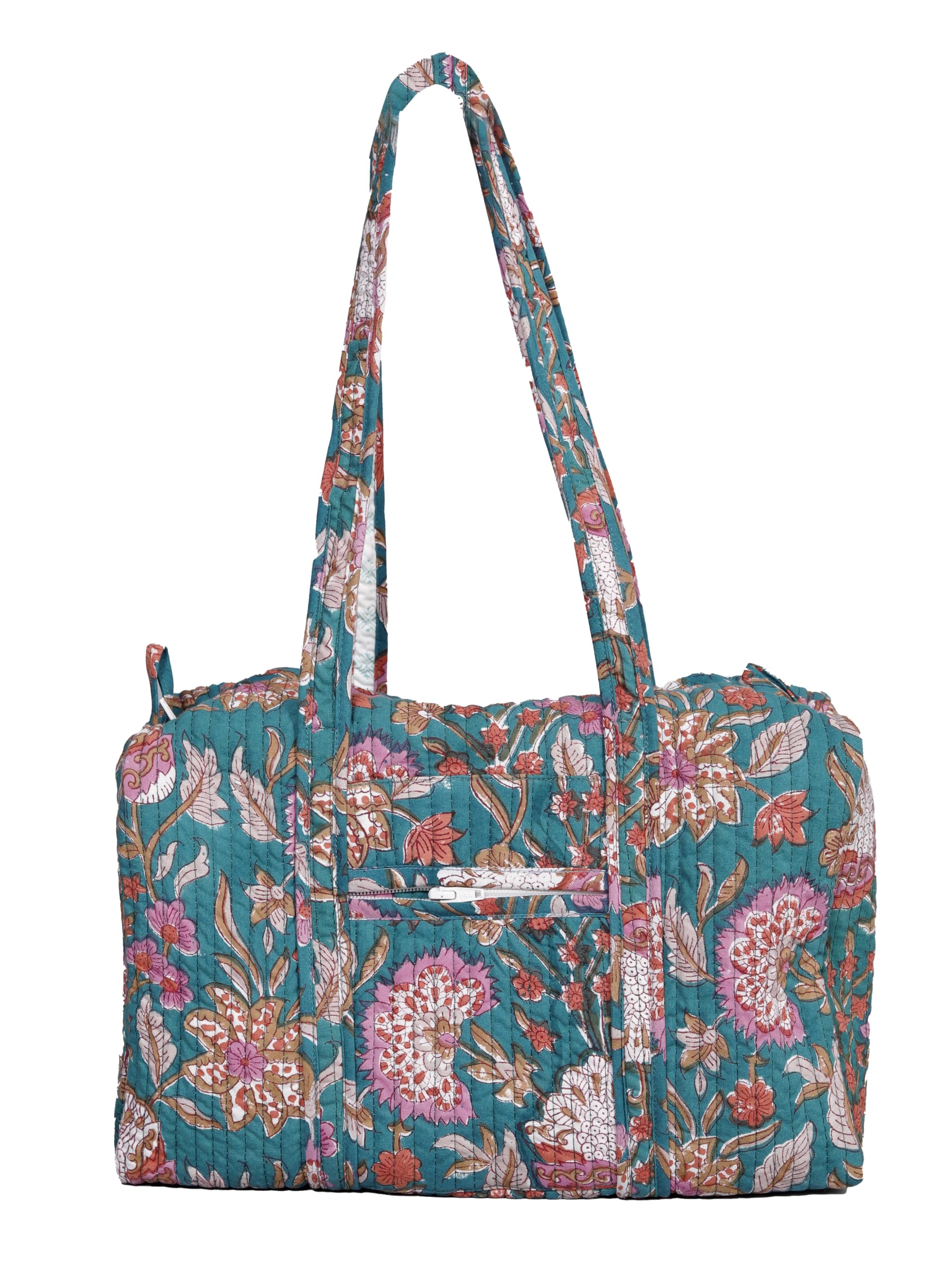 Women's Hand Block Cotton Printed Quilted Small Duffle Bag, Lightweight Weekender Travel Bag, Duffel Tote with Shoulder Straps, Carry-On Overnight Bag for Gym, Travel & Daily Use (Ocean Hibiscus)-picture-12