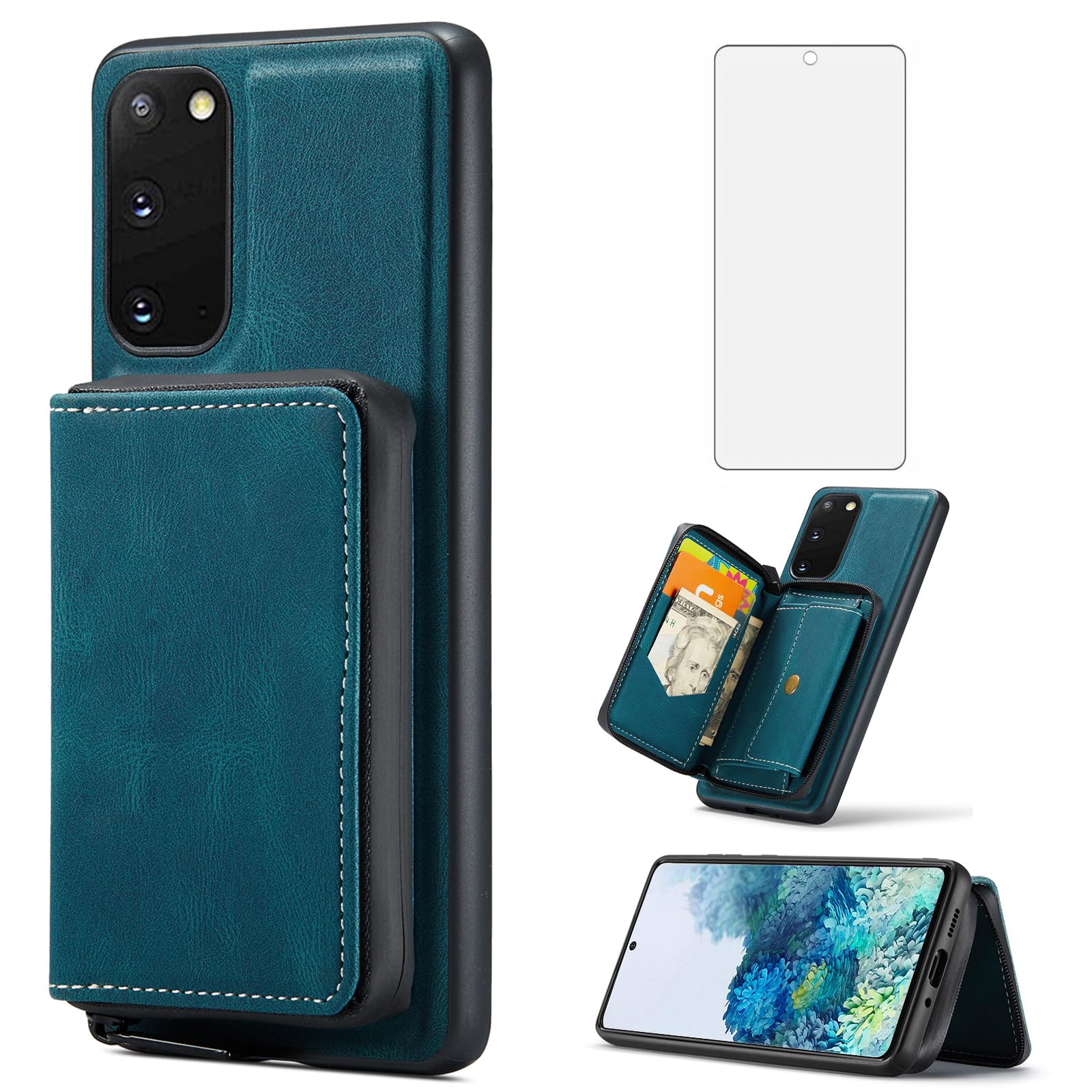 Phone Case for Samsung Galaxy S20 FE 5G/S20 Fan Edition 6.5 inch Wallet Cover with Tempered Glass Screen Protector Card Holder Zipper Cell S 20 EF UW S20FE5G S20FE 20S S2O 4G G5 Women Men Blue