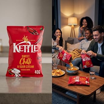 Kettle Hand cooked Crisps Potato Chips Light salted Cheddar & Red Onion Sea Salt & Vinegar Black Pepper and Sweet Chilli Sour Cream 40g x 18 Packs + 2 Packs of Lightly Salted and Sweat Salted Popcorn