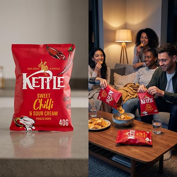Kettle Hand cooked Crisps Potato Chips Light salted Cheddar & Red Onion Sea Salt & Vinegar Black Pepper and Sweet Chilli Sour Cream 40g x 18 Packs + 2 Packs of Lightly Salted and Sweat Salted Popcorn
