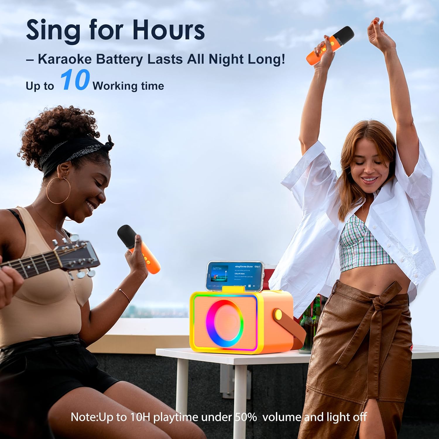 Karaoke Machine,Portable Bluetooth Speaker with 2 Wireless Microphone for Adults & Kids with LED Lights, Karaoke Microphone with PA System Supports USB/TF/AUX,Gift for Party (Orange Yellow)