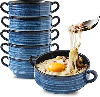 Hasense French Onion Soup Bowls with Handles, 24 Ounces Ceramic Serving Soup Bowls for Chili, Stew, Pot Pies, Stackable Bowl Set for Kitchen, Microwave Dishwasher Safe, Set of 6, Blue