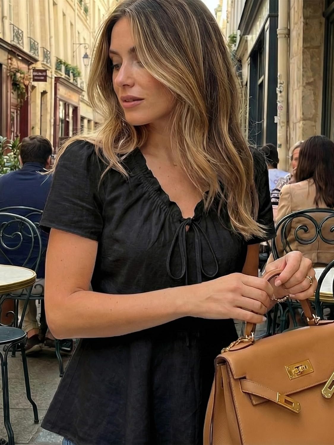 Short Sleeve Puff Sleeve Peplum Top – Ruched Front, White - Image 3