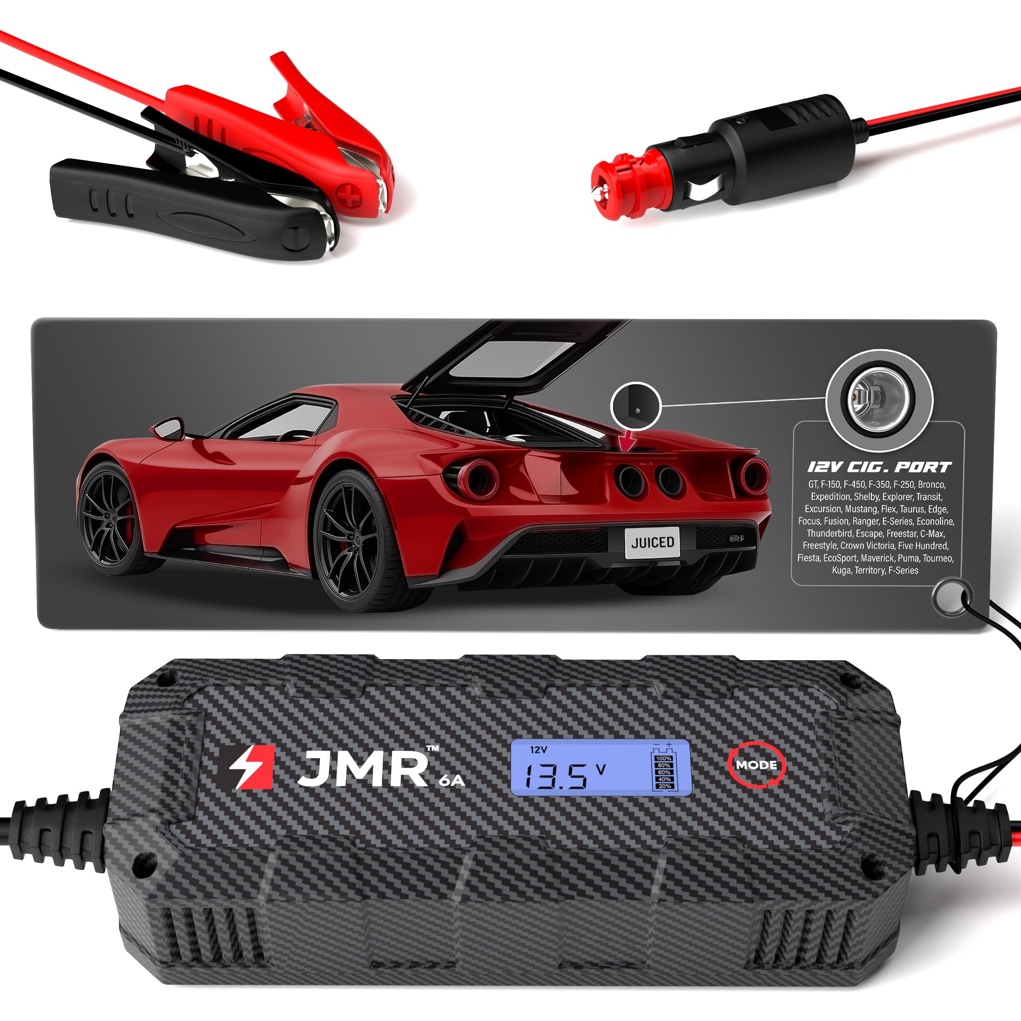 JMR Battery Charger for Ford GT F-150 F-450 F-350 F-250 Bronco Expedition Shelby Explorer Transit Excursion All Models Trickle Charger Conditioner Maintainer (No Lithium Mode)