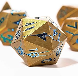 DND Metal Dice - Pharaoh Ruins Gold Metal Dice with Blue Cracks - Polyhedral Dice Set for RPG D&D MTG Pathfinder and More - Beautifully Detailed Dungeons and Dragons Dice Set