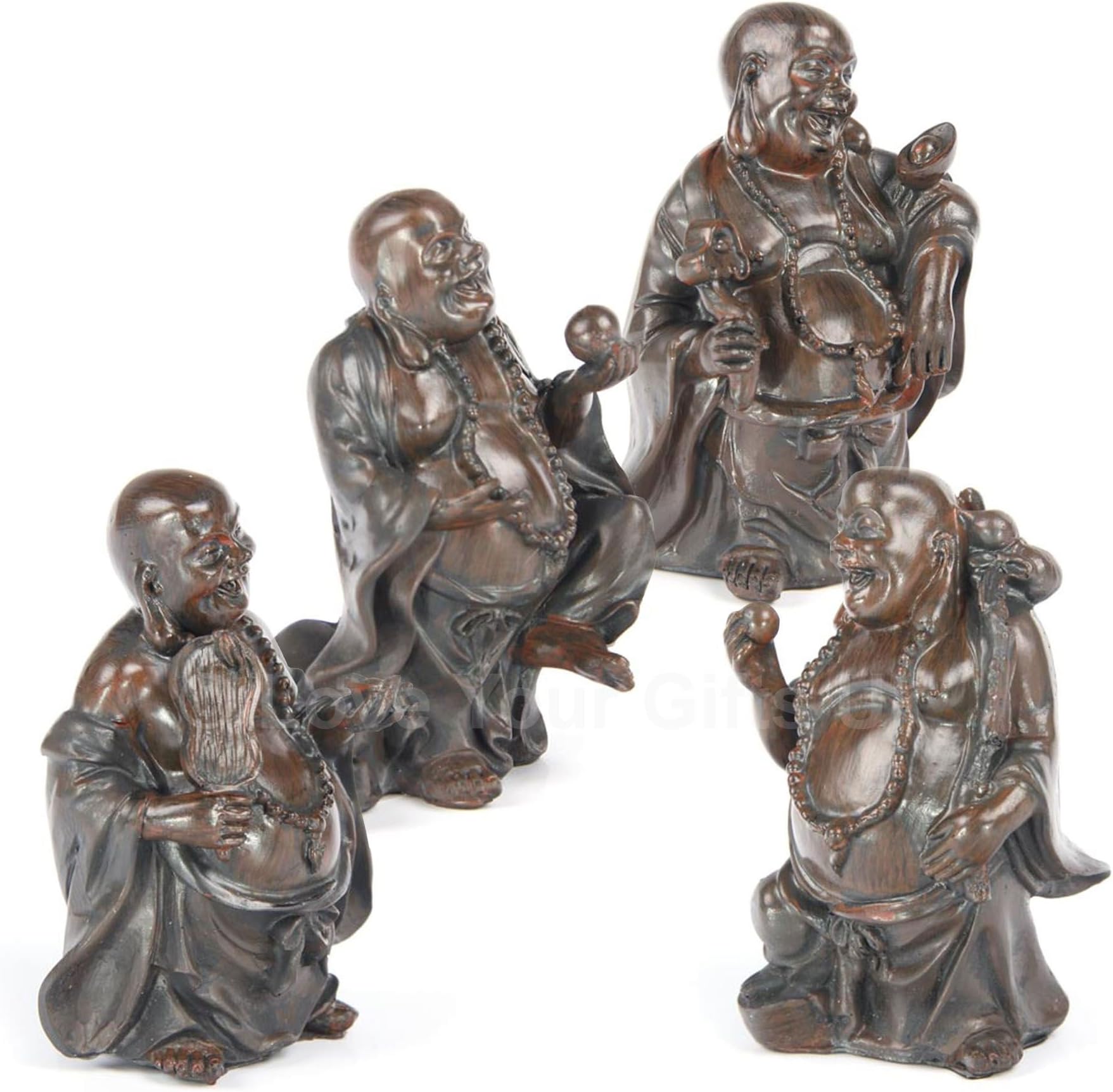 Pack of 4 Wood Effect Chinese Laughing Buddhas 10cm High Good Luck Feng Shui