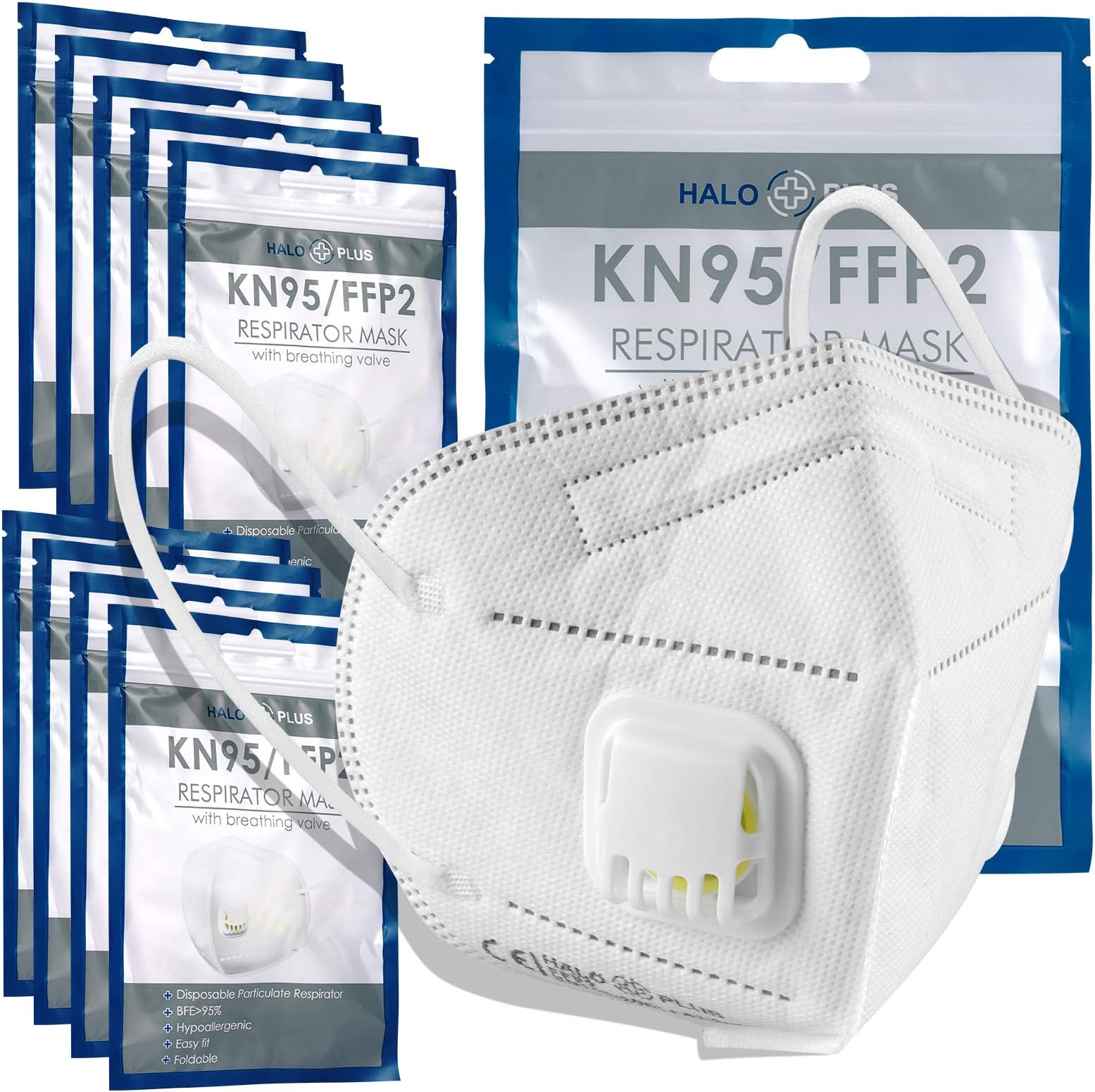 HALO PLUS FFP2 Face Mask, Disposable KN95 Respirator with/without Valve, Optimum 5 Layer Filtration for Daily Prevention & Protection