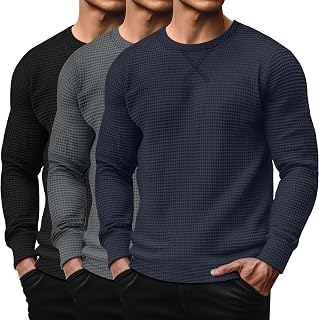 3 Pack Men's Waffle Long Sleeve Shirts, Crew Neck Thermal Textured Underwear Tops Lightweight Pullover Sweaters