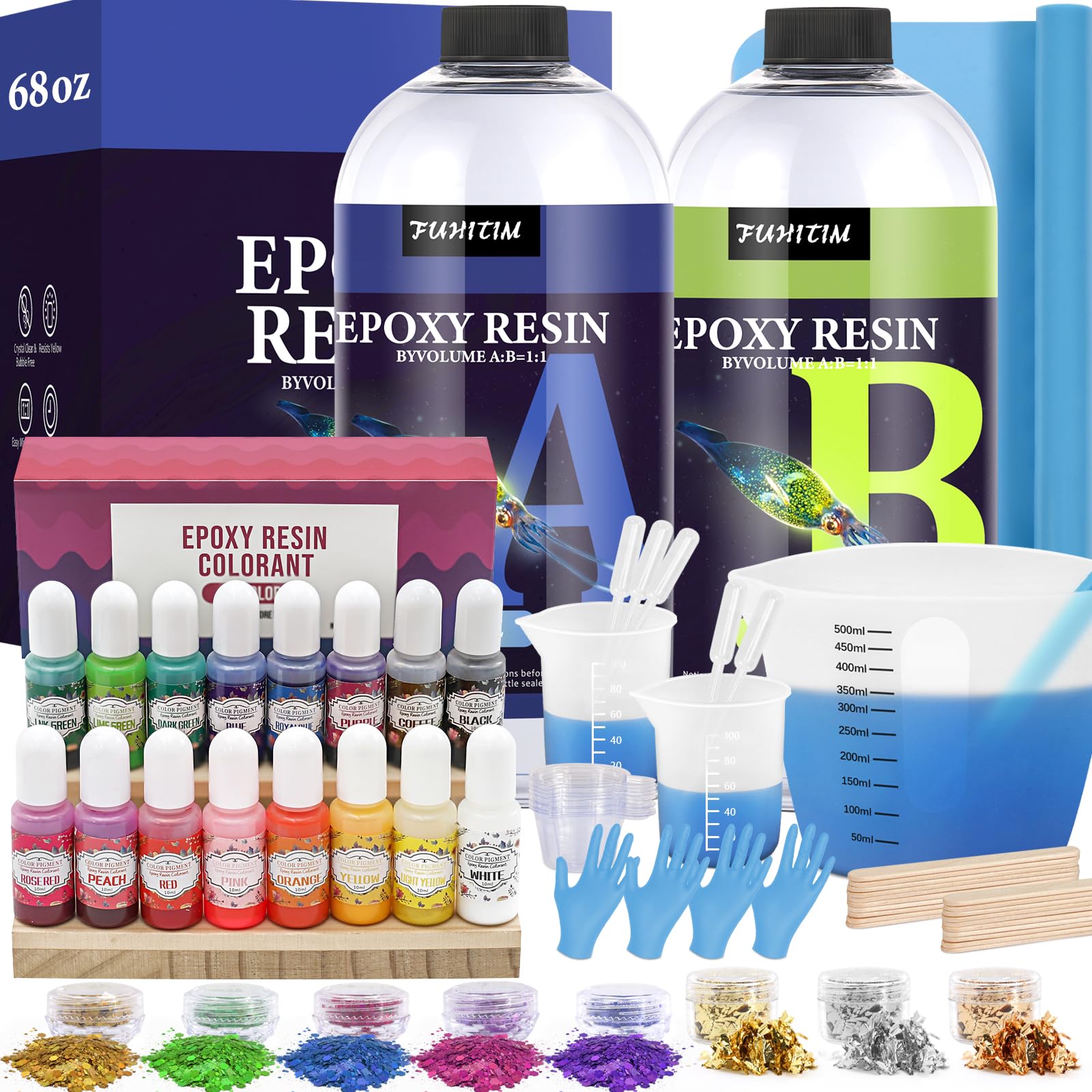 FUHITIM 68OZ Crystal Clear Epoxy Resin Kit, High-Glossy& No Bubbles, Art & Casting Resin with 16 Epoxy Resin Pigment, Foil Flakes, Sequin,Craft Clear Resin for Art Crafts, Jewelry, Molds