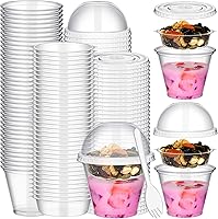 Vista 1 de Paquete de 100 tazas de parfait de 9 onzas con inserto y tapas planas, tapas de cúpula de plástico transparente, vasos de frutas desechables