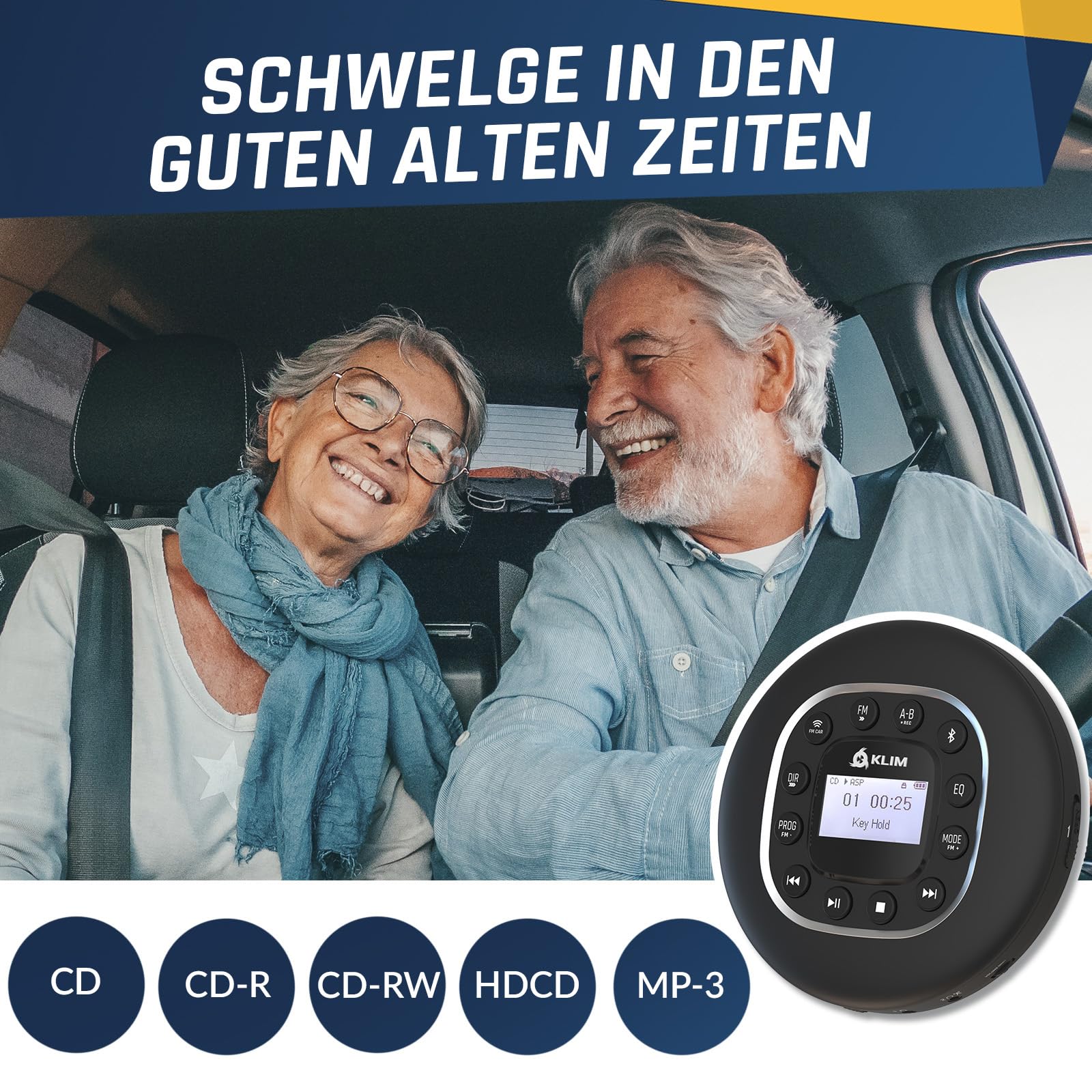 Journey Tragbarer CD-Player mit Radio FM und Bluetooth | Mit Anti-Schock-Chip SD-Kartenleser und wiederaufladbarem Akku fürs Auto, Schwarz
