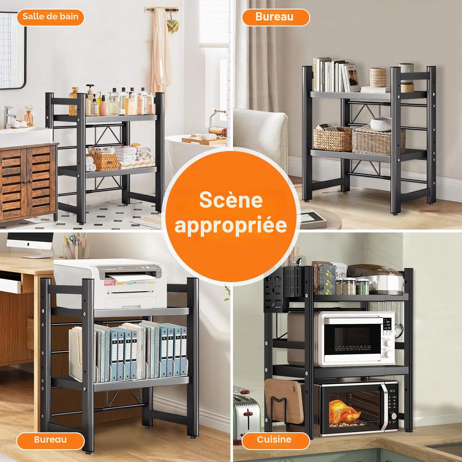 Étagère Extensible à 3 Niveaux pour Micro-Ondes, réglable pour comptoir de Cuisine et Rangement au-Dessus du Four à Micro-Ondes, Couleur Noire