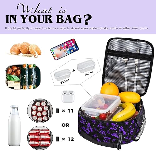 Miniatura 4 de Lonchera con diseño de mariposa, reversible, con lentejuelas, sirena, ligera, reutilizable, aislada, portátil, color morado