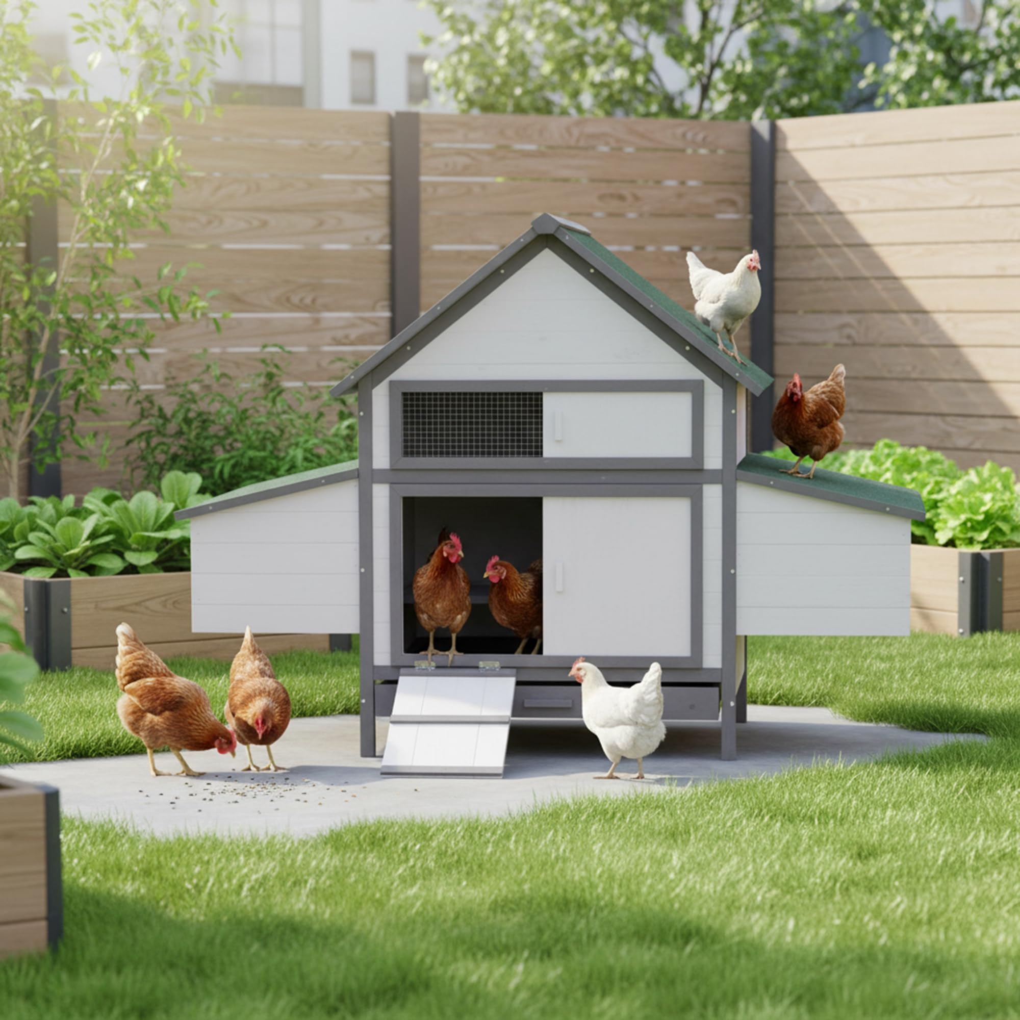 Mucola Hühnerstall Hühnerhaus mit 2 Nestboxen 160x100x115 cm Holz Weiß | Eierentnahme von außen, 4 Nistplätze, 2 Sitzstangen, erhöhte Standfüße gegen Nässe, wetterfestes Dach mit Dachpappe, Eiablage