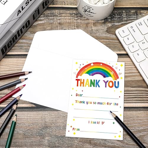 Vista 3 de 72 tarjetas de agradecimiento para niños rellenan las notas de agradecimiento en blanco con sobres, tarjetas de agradecimiento coloridas para fiesta