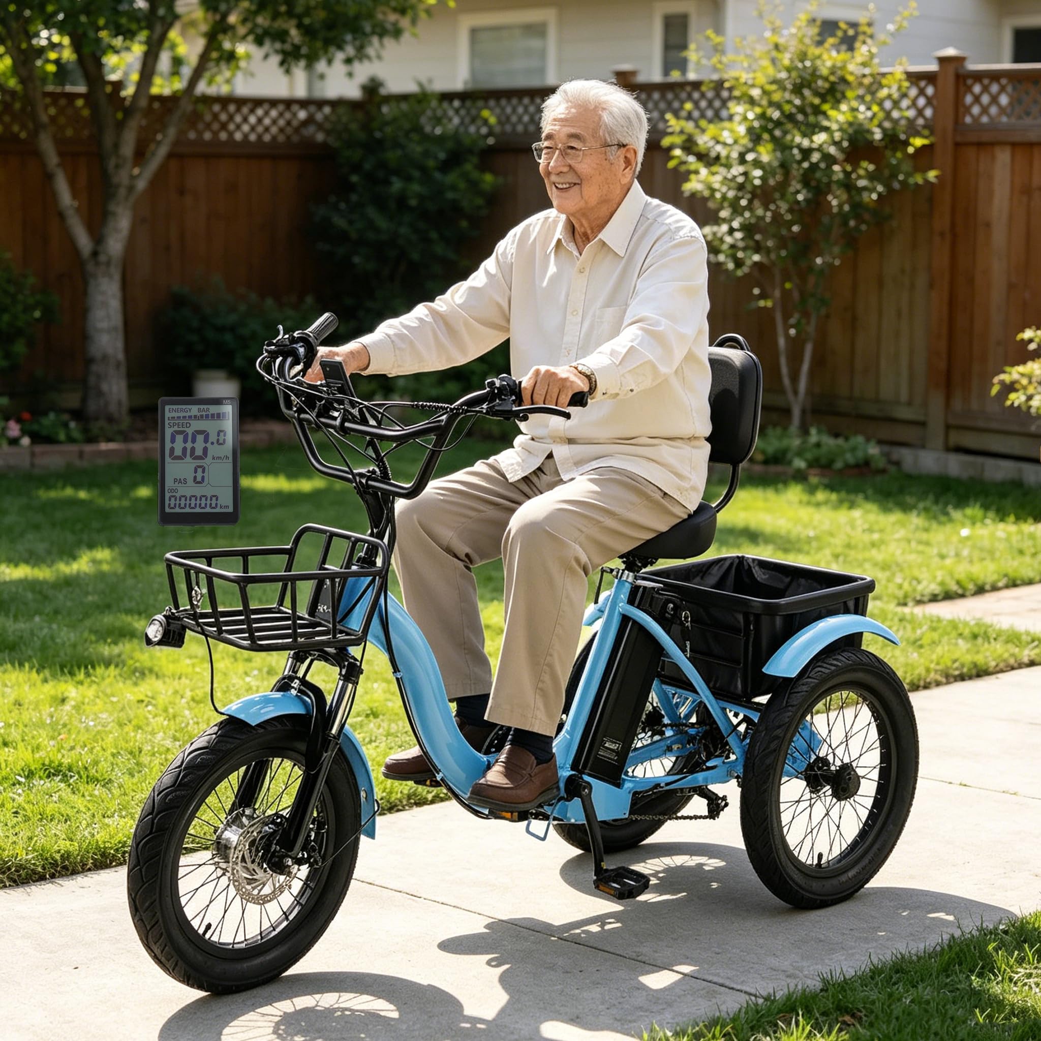 18" Foldable Electric Tricycle, 7-Speed 48V 13Ah Fat Wheel E Trike Electric Bike with Cargo Basket, 45km Range, Lcd Display, Horn, Led Headlight, Easy Climbing, for Seniors/Commuting/Shopping Blue