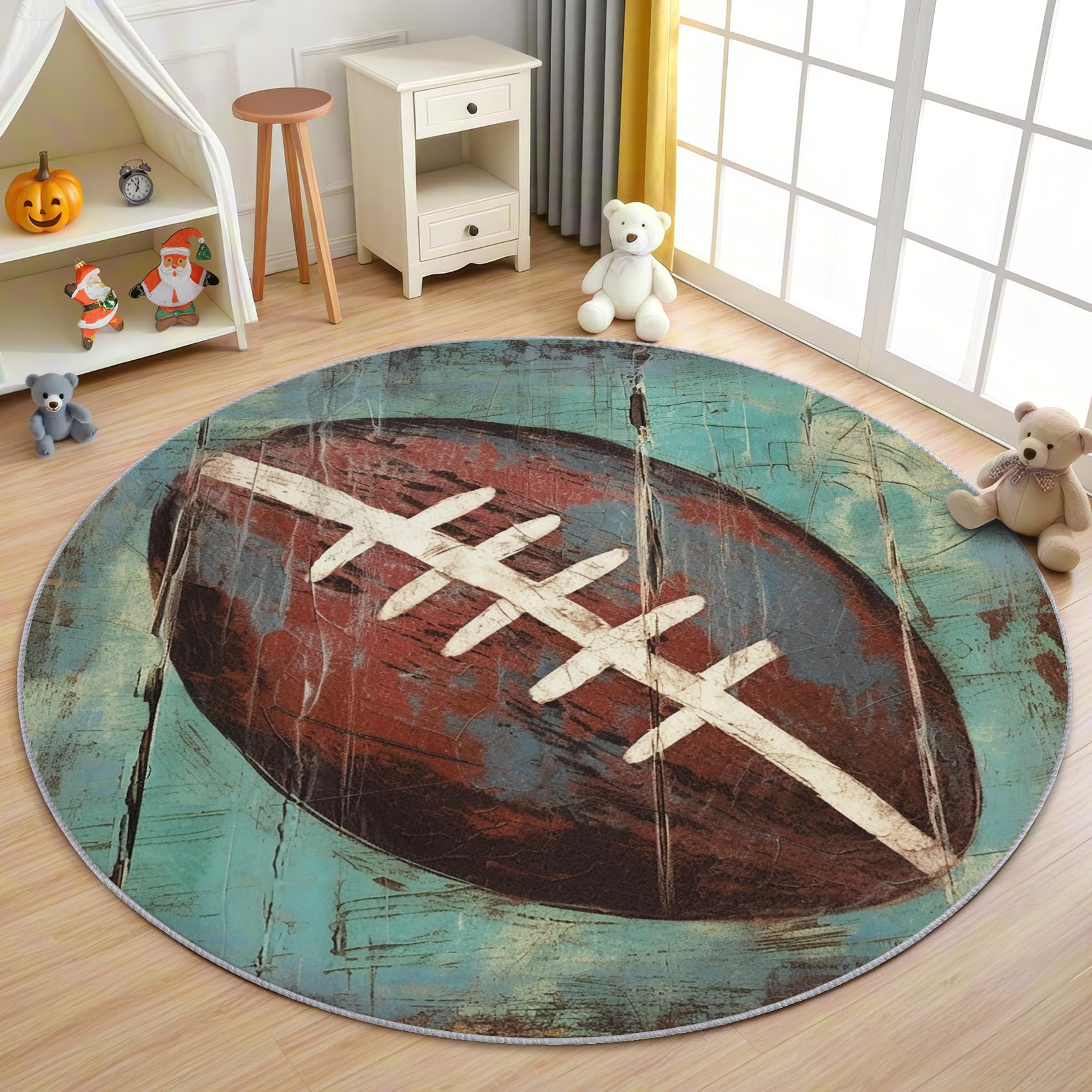 American Football Teppich Rund 120cm Kurzflor - Waschbare Teppiche Wohnzimmer Rugby Sportmotiv Jungen - Runder Teppich 120 Durchmesser Kinderzimmer - Bettvorleger Schlafzimmer Rutschfest Weich