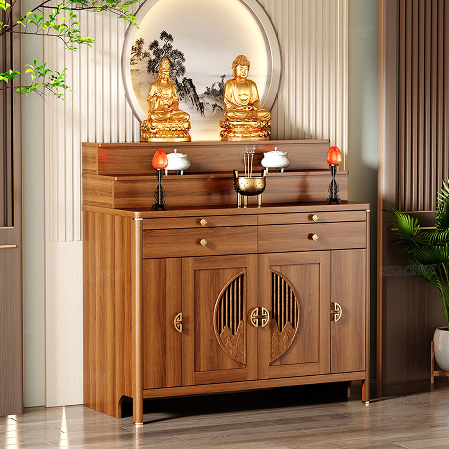Solid Wood Personal Shrine Altar Table with Large Storage Cabinet, Buddhist Altar Cabinet with Drawer, Meditation Prayer Table (52.3" X 23.6" X 50")