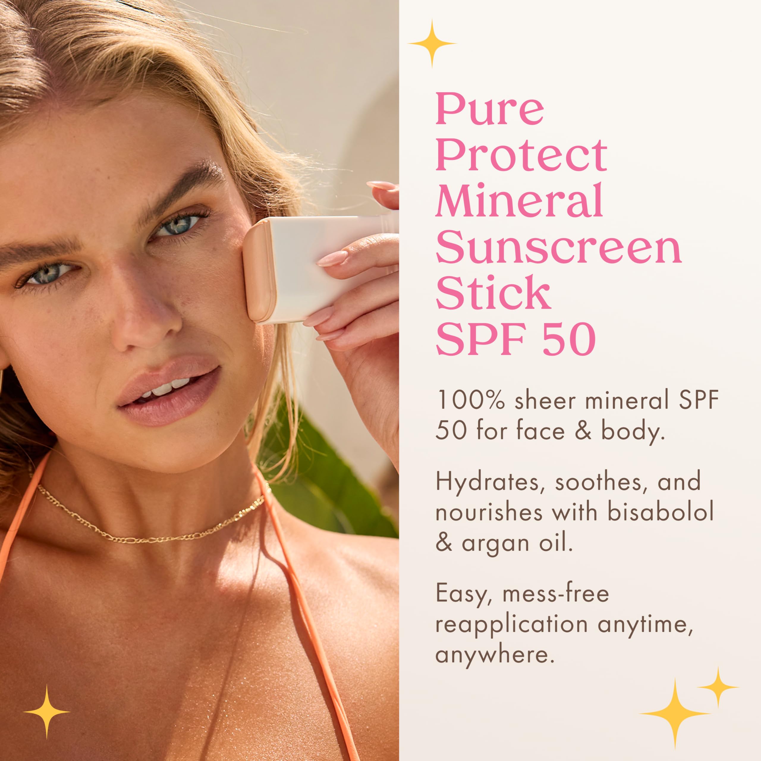 Kopari Pure Protect - Barra de protección solar 100 % mineral SPF 50+, protección solar transparente para cara y cuerpo con óxido de zinc, aceite de argán hidratante y manteca de karité