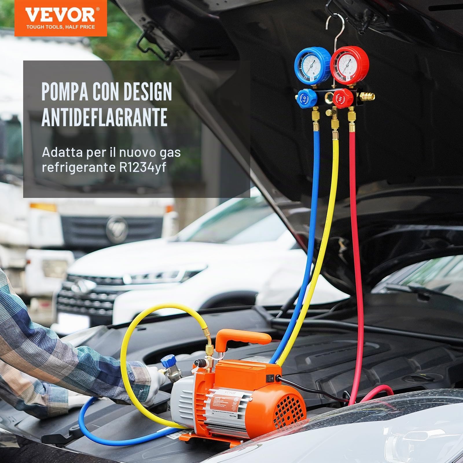 VEVOR Kit Pompa a Vuoto Monostadio per Aria Condizionata di Automobili 150W Pressione tra 55-276 Bar, Kit Pompa Vuoto 100 L/min per Riparazione di Condizionatore Frigo Refrigeranti HVAC R134a R1234yf