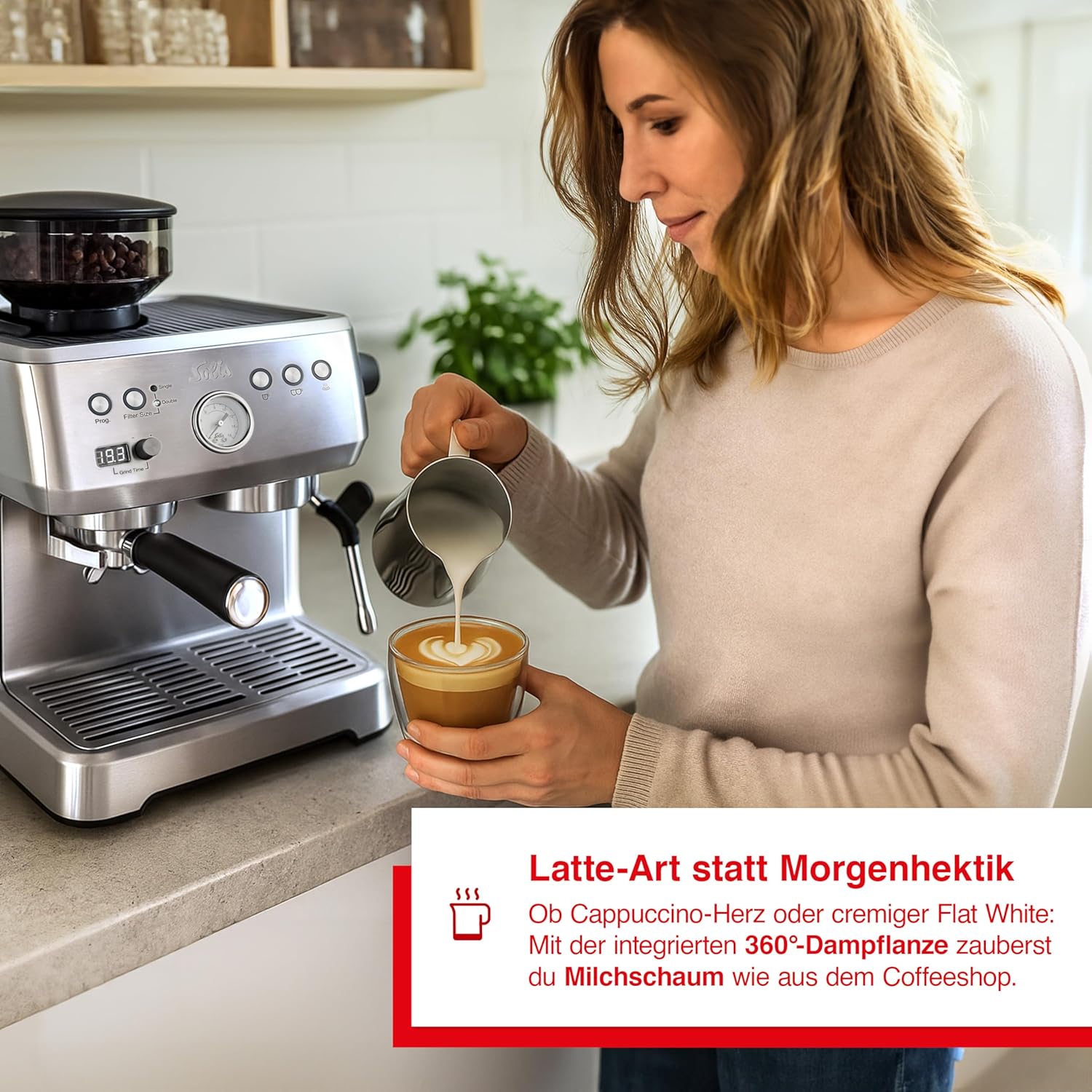 Woman frothing milk for latte art with Solis Perfetta