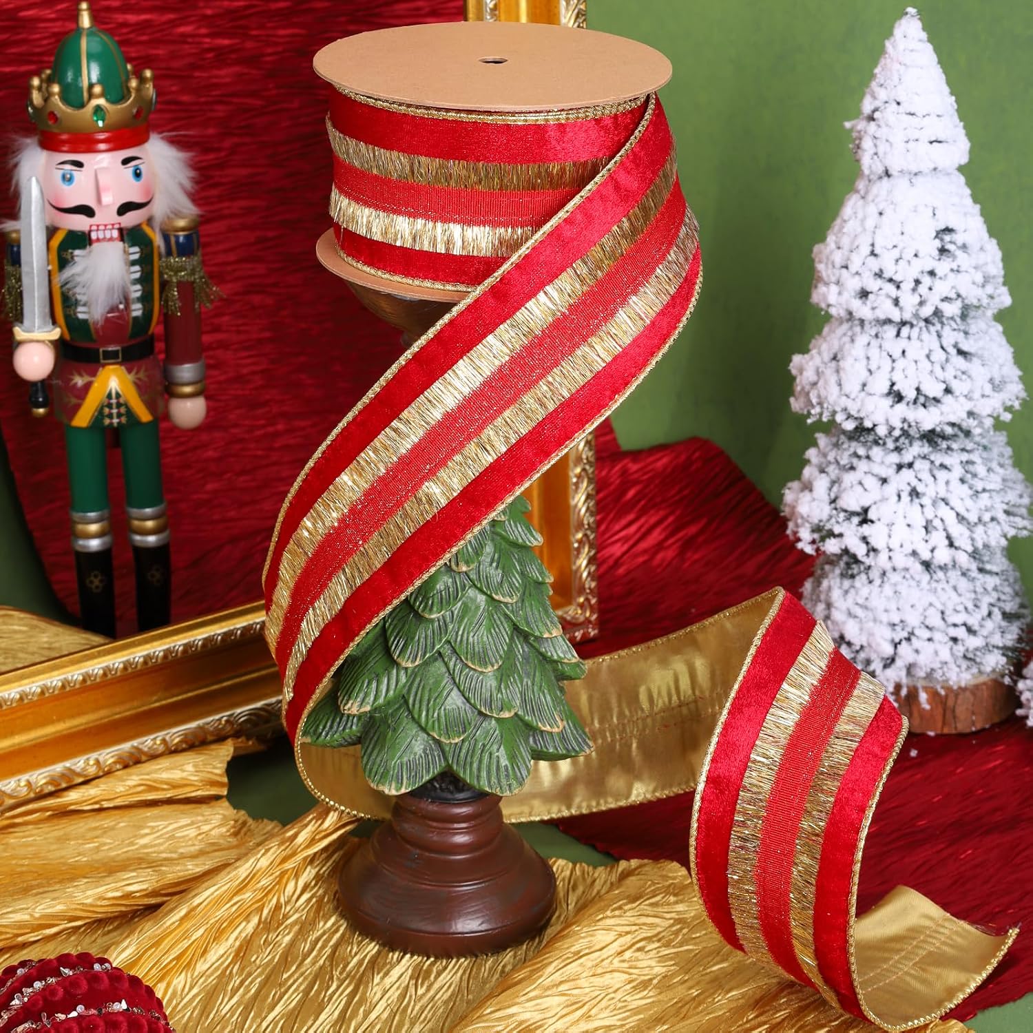LaRibbons Reversible Red Velvet Ribbon Wired, 2.5 Inch x 10 Yards Red and Gold Thread Velvet Ribbon for Christmas Tree, Gift Wrapping, Wreath Bow, Outdoor Decoration