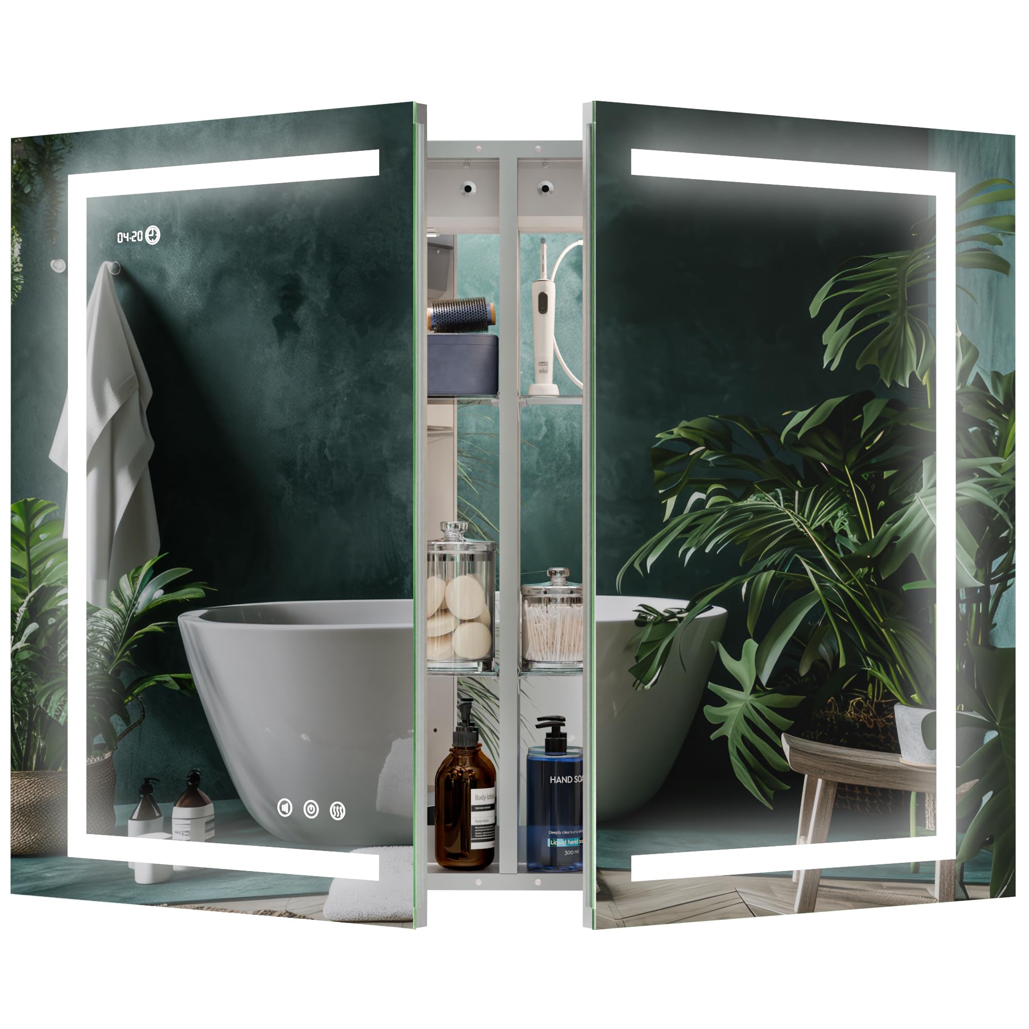 Photo 1 of LED Lighted Medicine Cabinet Front & Backlit Dimmable Colours, Clock & Temp, USB Outlets, Remote Switch, Bathroom Defog Mirror Medicine Cabinet with Lights Recessed or Surface IP44 Aluminium Frame ETL 42x32 Two Doors