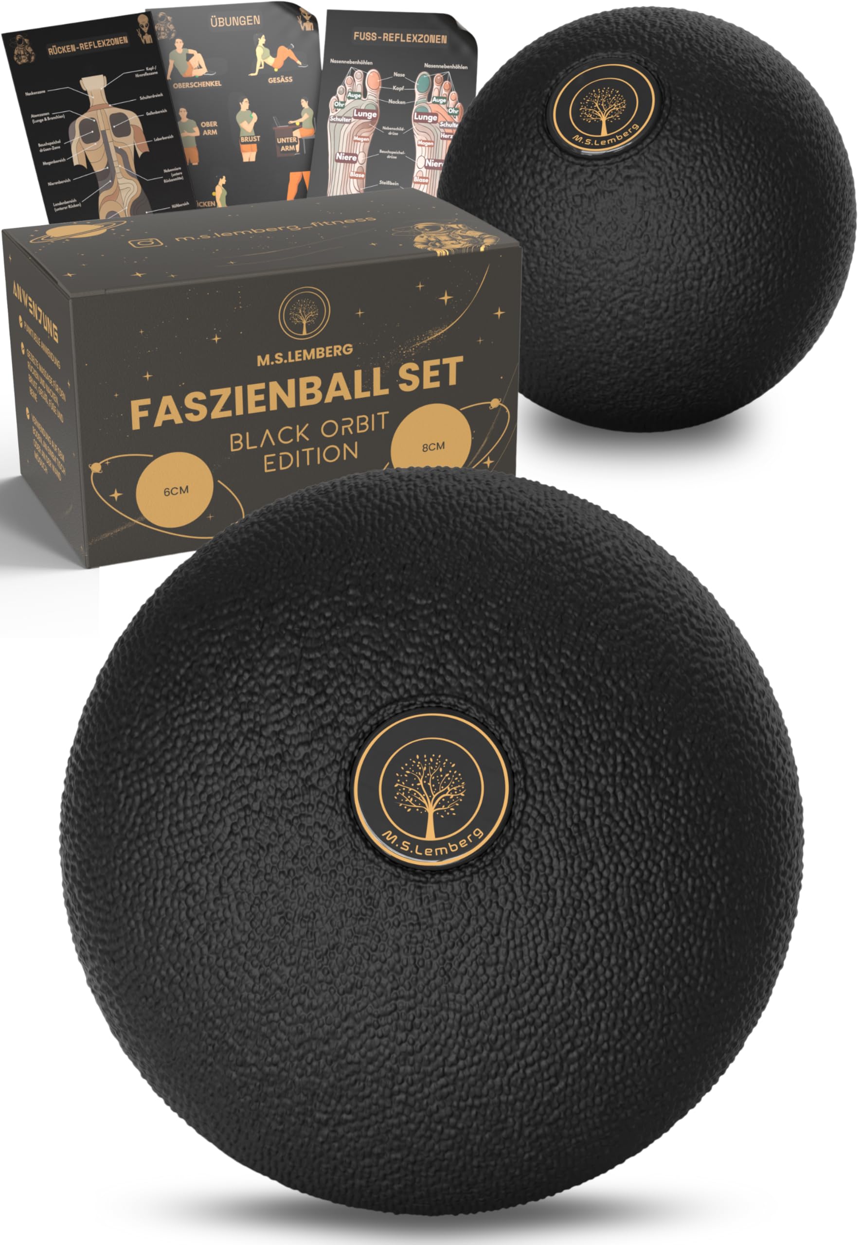 M.S.Lemberg® Faszienball 2er Set [6cm & 8cm]- Massageball für gezielte Selbstmassage der Faszien - Fuß, Rücken, Nacken, Schultern, Beine - Faszienkugel Massage Ball klein - Black Orbit Edition