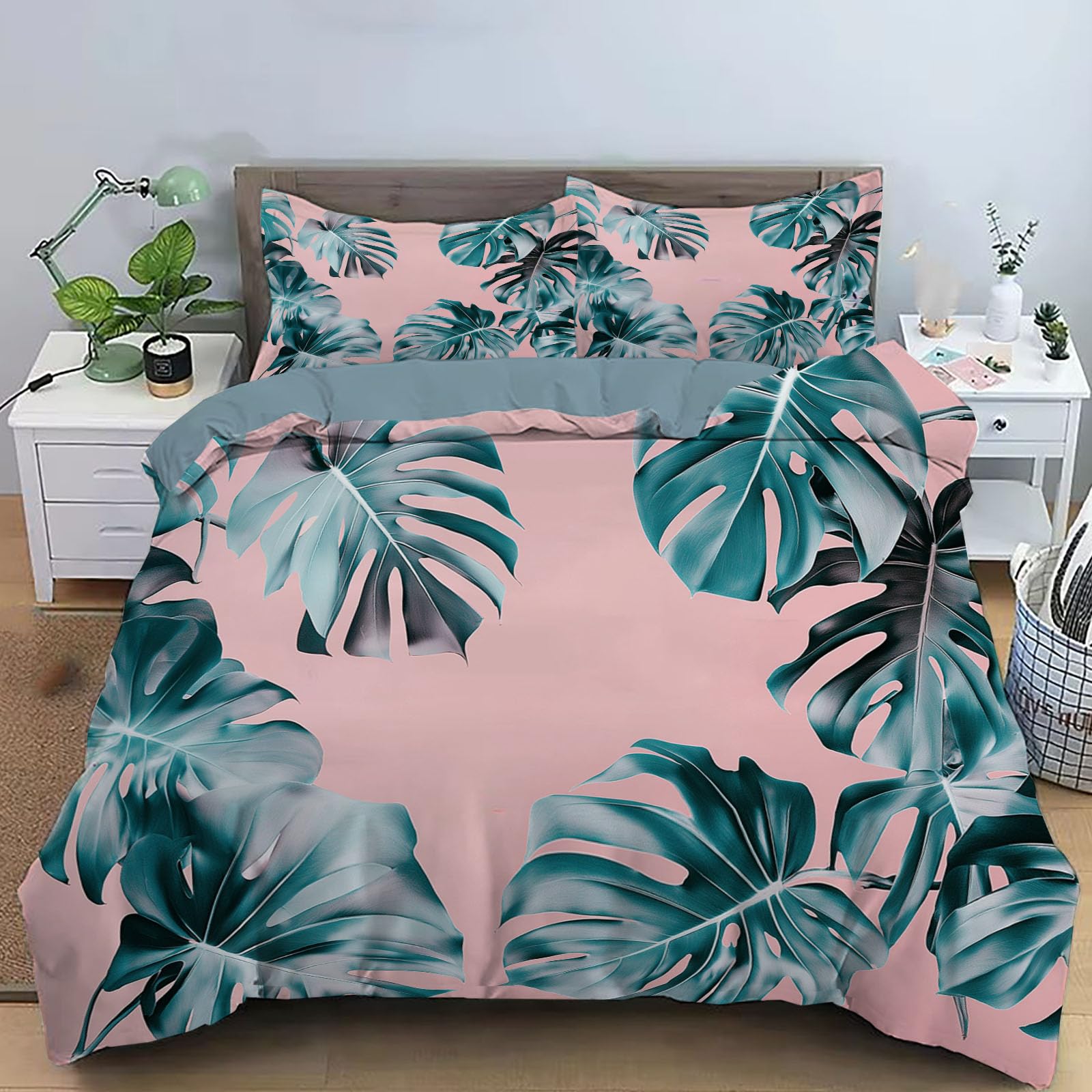 Housse de Couette 140x200cm Monstera Rose Clair avec 2 Taies d'Oreiller