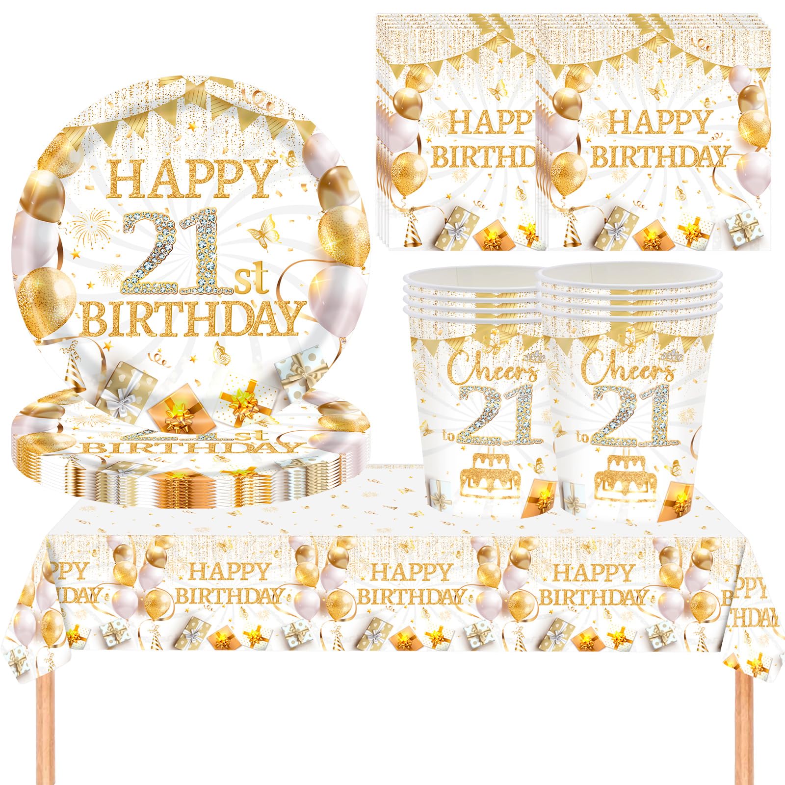 YESAH 53P 21st Birthday Party Tableware Set,White Gold Paper Dinnerware Set — image 1