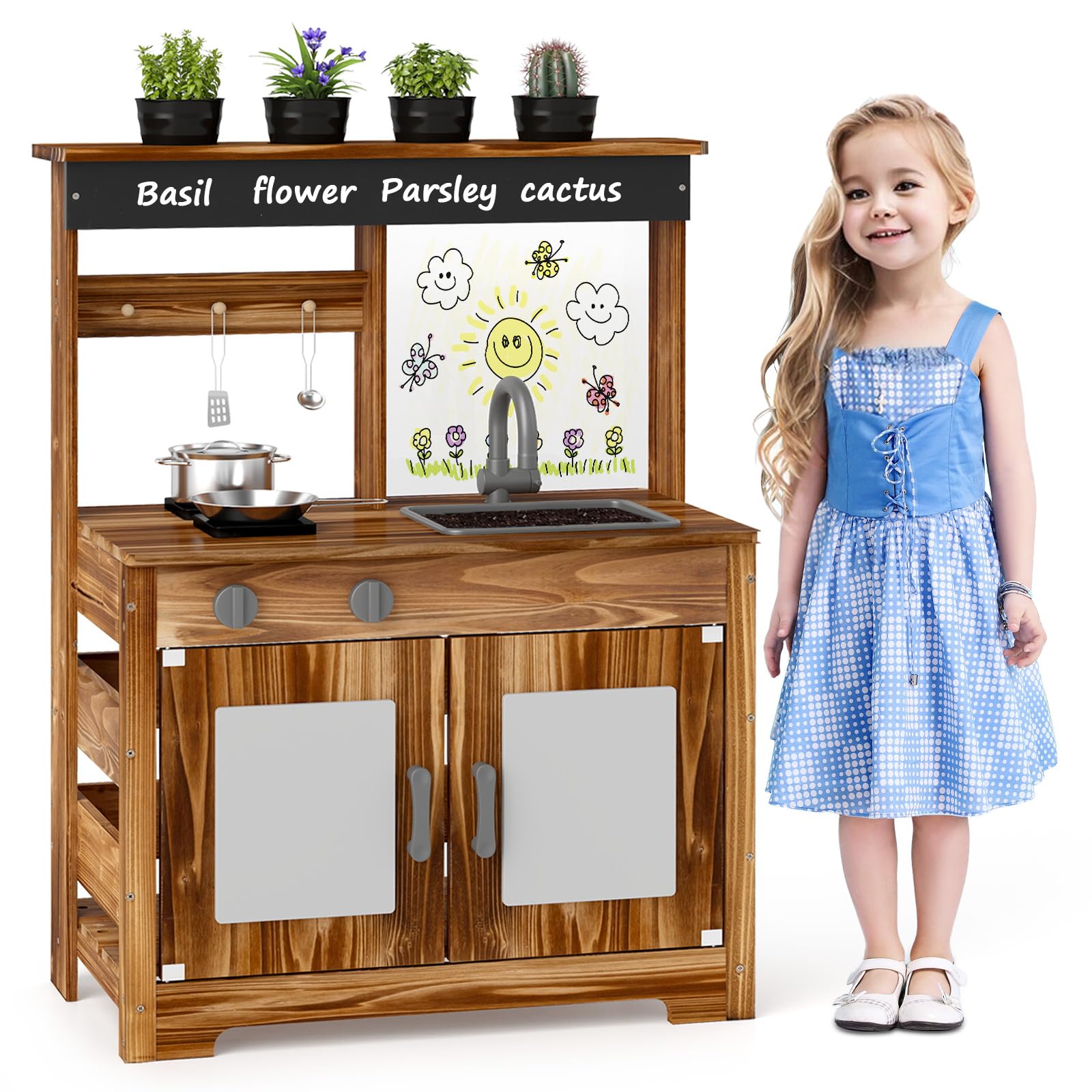 DREAMADE Cuisine de Boue, Jouet de Cuisine pour Enfants avec Évier Amovible, Robinet, Double Réchaud, 4 Pots de Plantation et Tableau Acrylique, Cuisine d’Extérieur en Bois pour Enfants de 3+ Ans