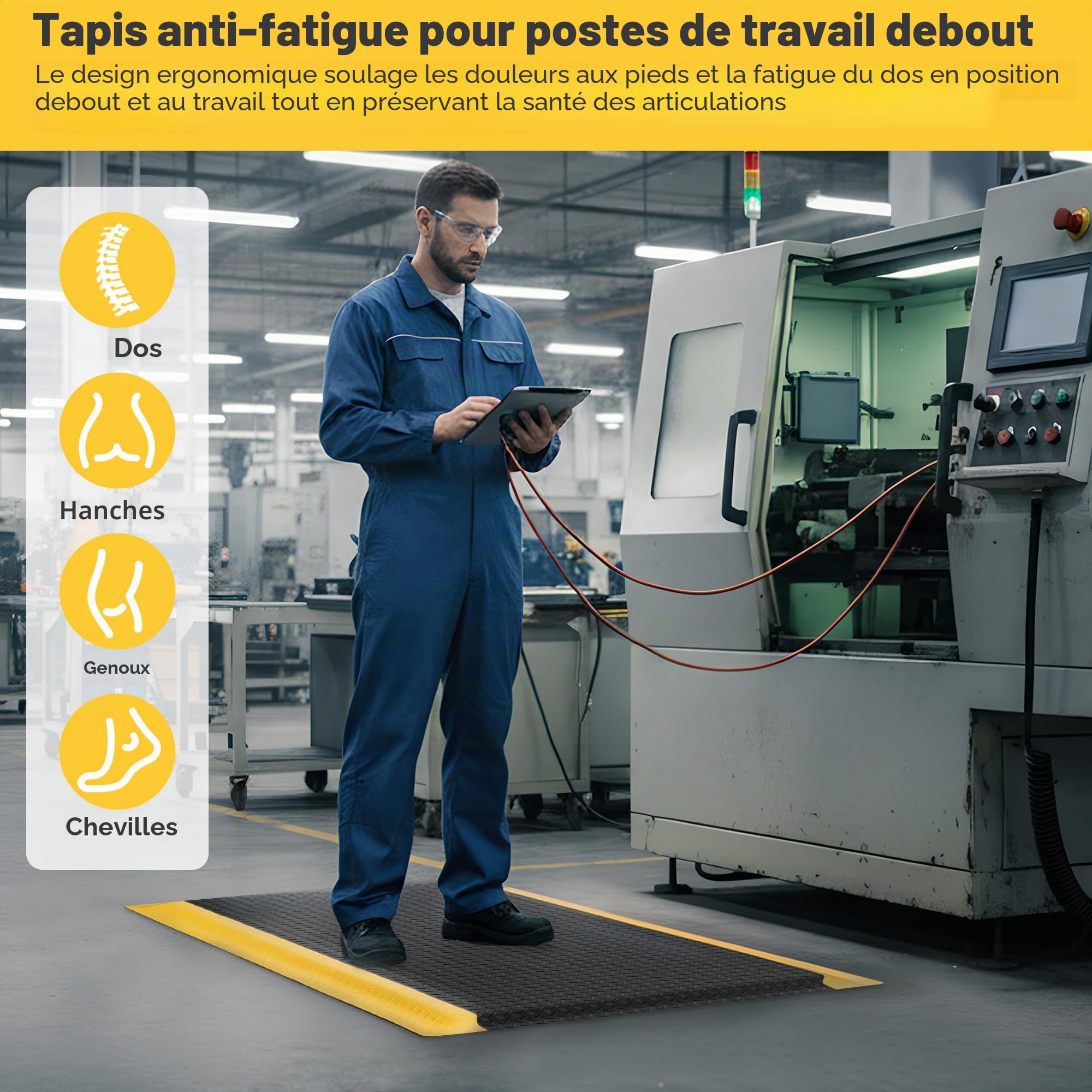 Tapis anti-fatigue, en PVC, anti-fatigue, ergonomique, pour postes de travail debout, atelier, 92 x 152 cm, noir et jaune