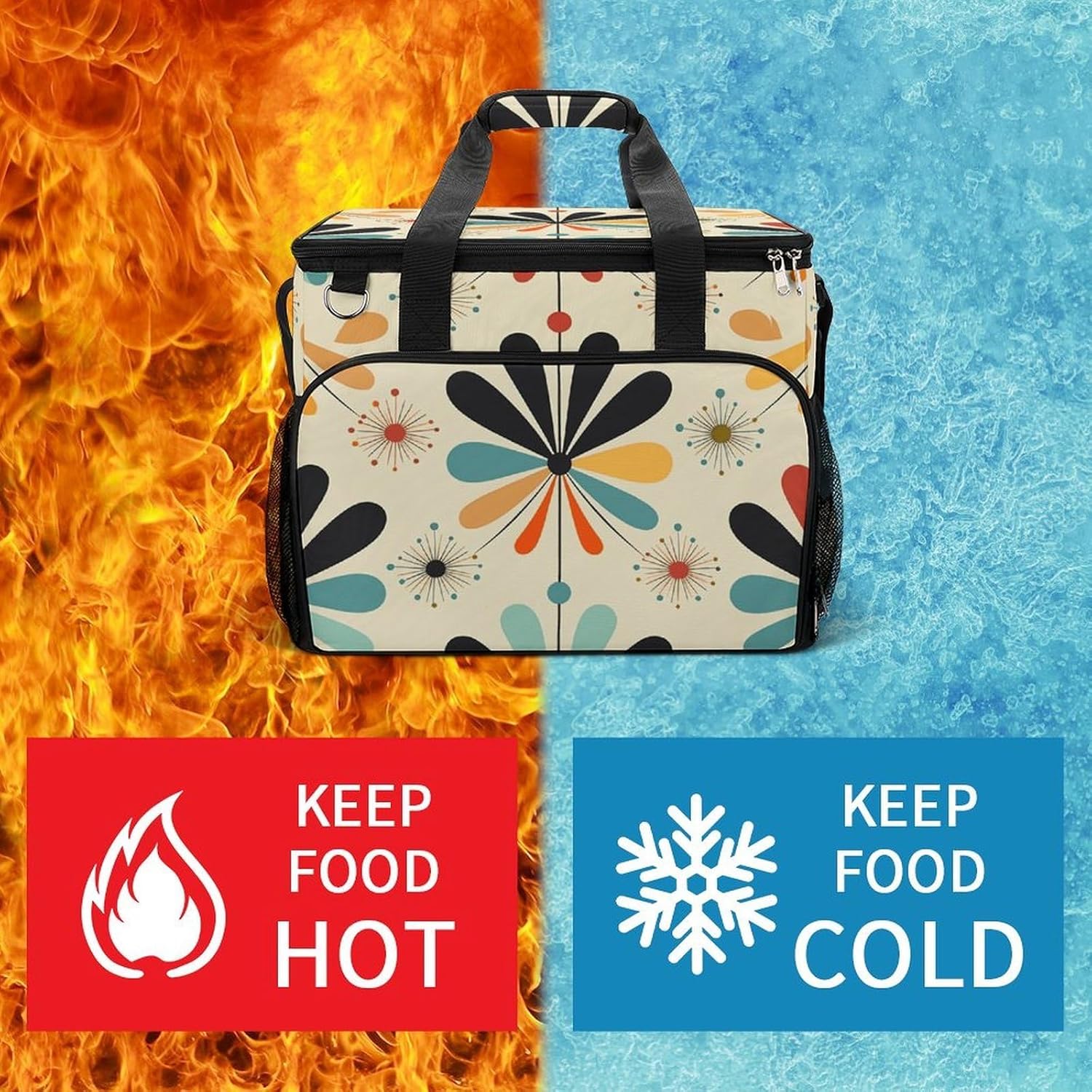 Large Capacity Oxford Cloth Retro Modern Printed Camping Ice Bag, Outdoor Portable Insulation and Cooling Bag, Suitable for Outdoor Camping and Picnics