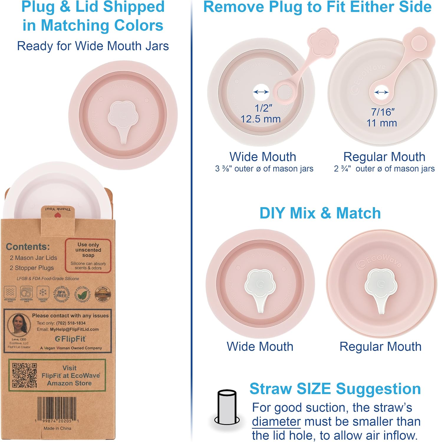 ORIGINAL CREATOR - FlipFit® Silicone Mason Jar Lids with Straw Hole Drinking Lids - Dual-Fit Regular & Wide Mouth Canning Jars (Kerr, Ball, Mainstays) - 100% Pure Silicone (No Fillers) & Plastic-free