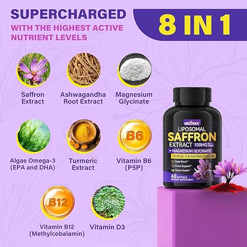 Miniatura 7 de Suplementos de azafrán  100 mg de extracto liposomal de azafrán 100% puro con glicinato de magnesio, omega-3, cúrcuma, Ashwagandha, vitamina B6,