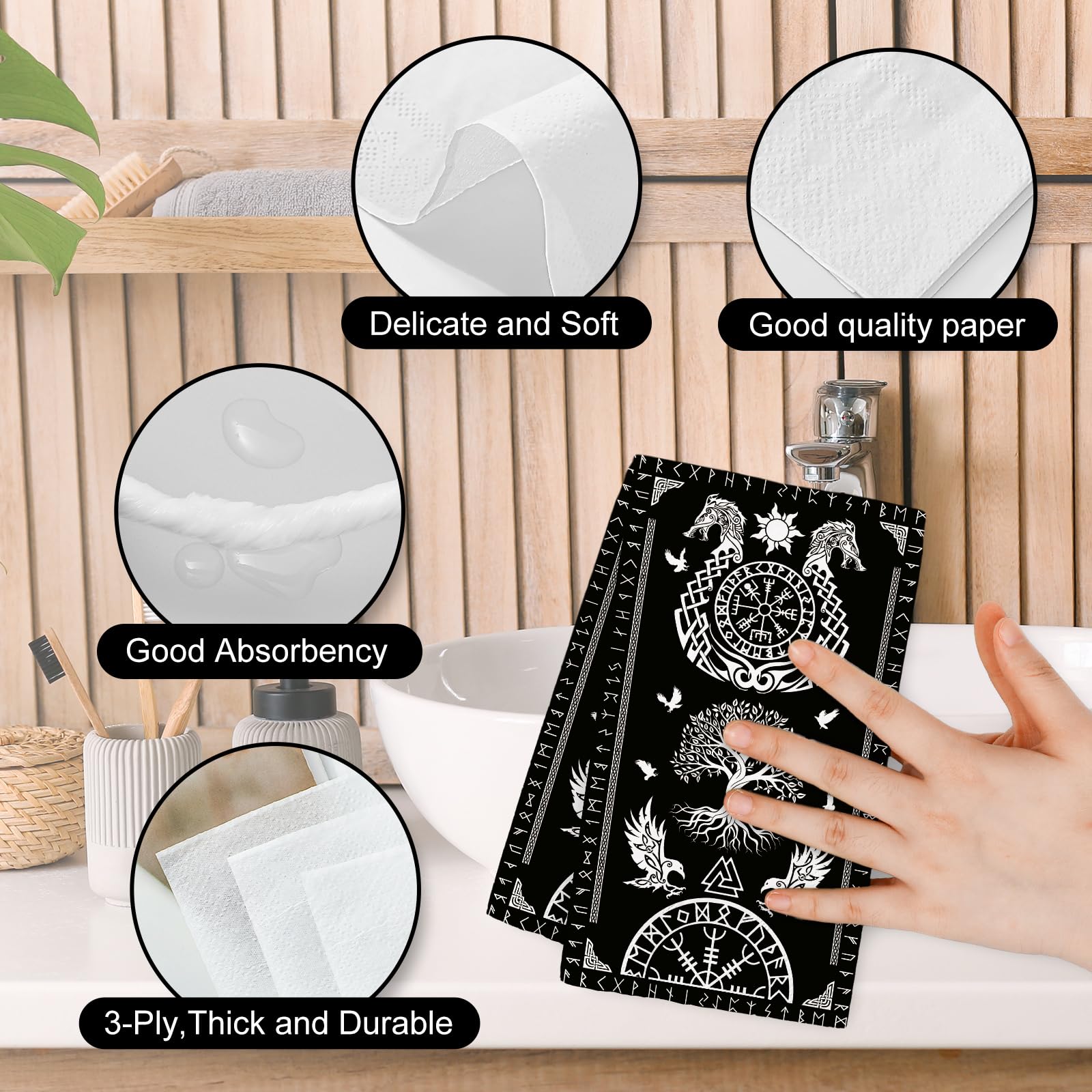 JarThenaAMCS 100 servilletas de papel desechables con diseño de árbol de la vida vikingo, diseño de cuervo y casco de asombro, servilletas de papel para baño, vacaciones, fiestas, suministros de mesa