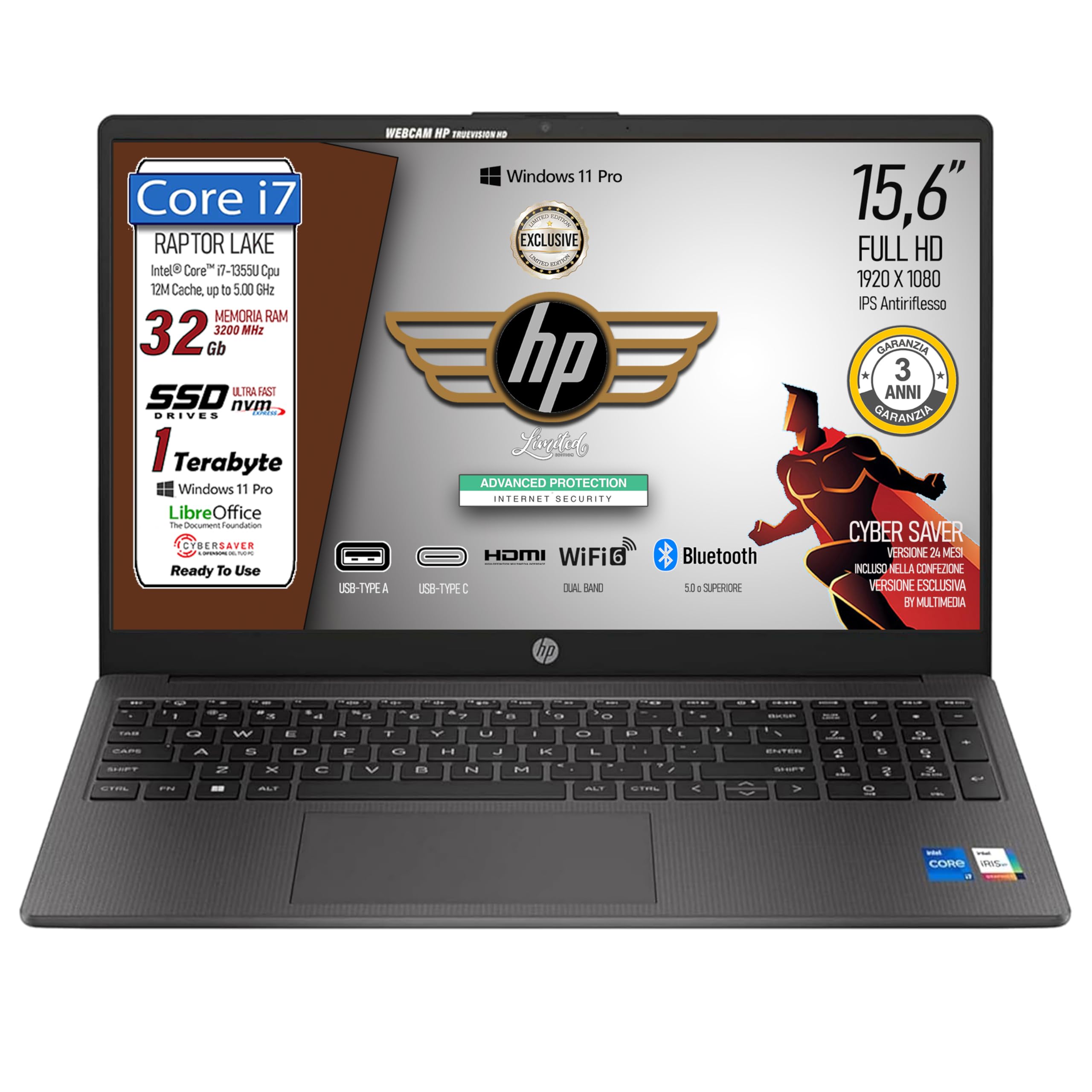 HP 250 Notebook – 15,6 Zoll FHD, I7 1355U, 64GB RAM, 2TB SSD, Win 11 Pro, Inkl. Tasche & Maus