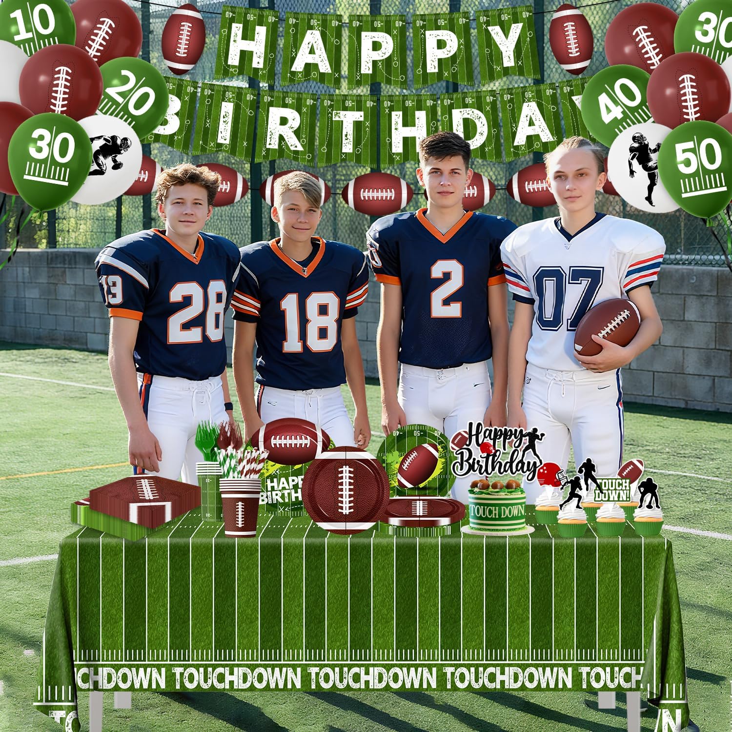 Football Birthday Party Decorations,Football Party Supplies Includes Plates,Napkins,Touchdown Tablecloth,Cups,Banner,Balloon,Fork,Cupcake Topper for Sport Game Day Tailgate Themed Party Decor,Serve 24
