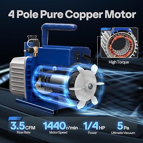 Miniatura 2 de VIVOHOME 110V 14 HP 3.5 CFM Bomba de vacío de aire de paleta rotativa de una etapa y kit de manómetro de colector de CA R134a para HVAC Aire