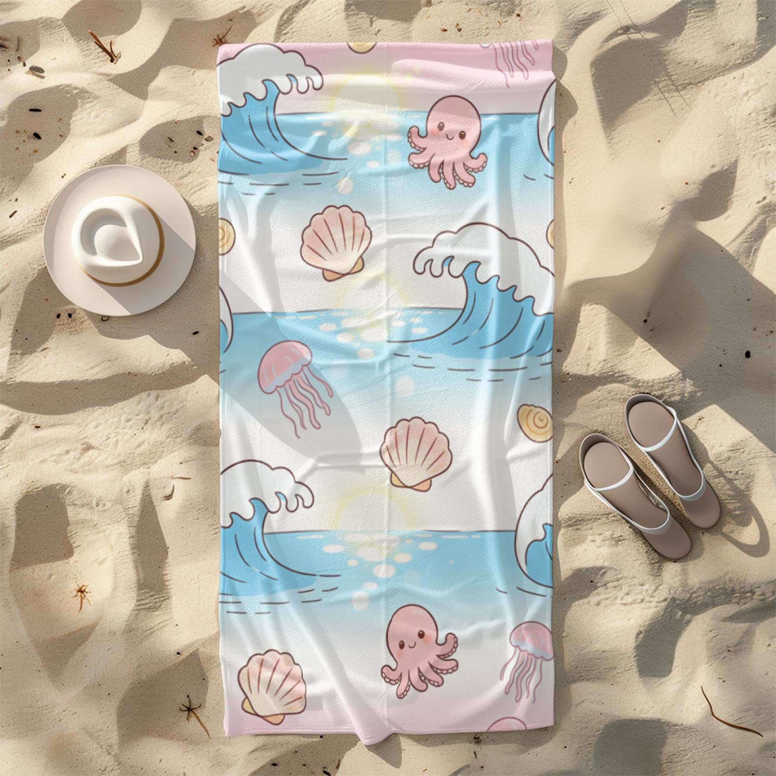 Microfibre Beach Towel 180x90cm Squid Blue Pink Extra Large Beach Towels Sandproof Quick Dry Foldable Storage for Travel Beach Pool Camping Bathing