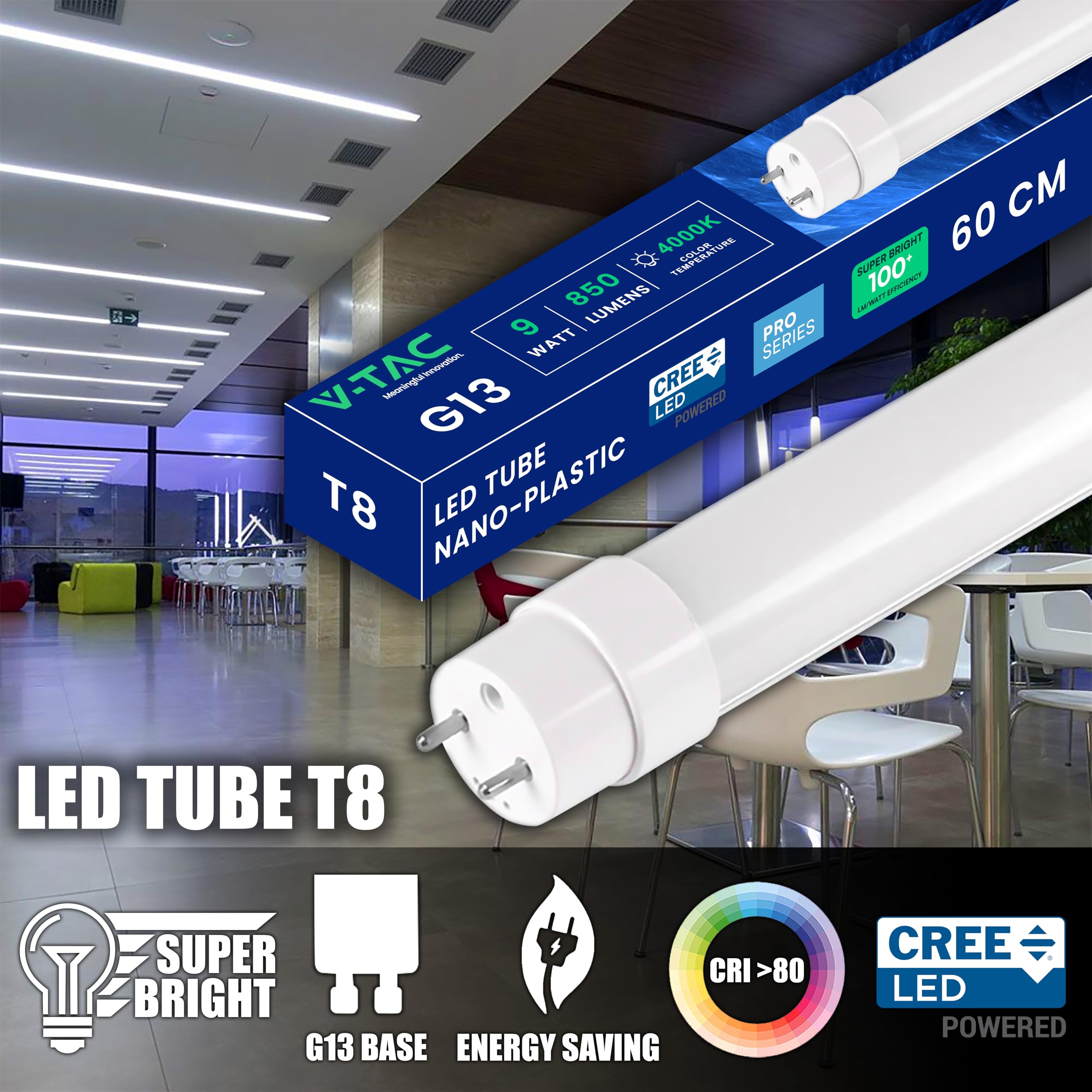 V-TAC 4 x lampa LED 60 cm – G13-9 W – [Chip CREE LED o wysokiej wydajności] 850 lumenów – lampa LED do sufitu, ściany lub garażu – rura LED w kształcie T8 – wymiana neonu – naturalne światło 4000 K